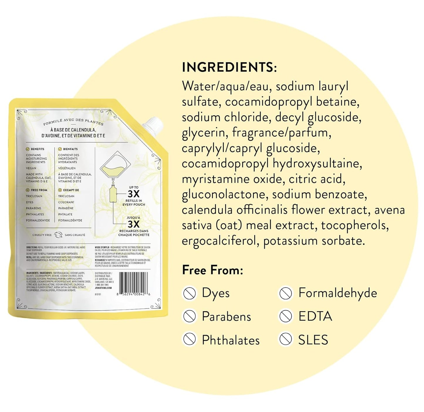 J.R. Watkins Gel Hand Soap Refill Pouch, Scented Liquid Hand Wash for Bathroom or Kitchen, USA Made and Cruelty Free, 34 fl oz, Lemon, 6 Pack