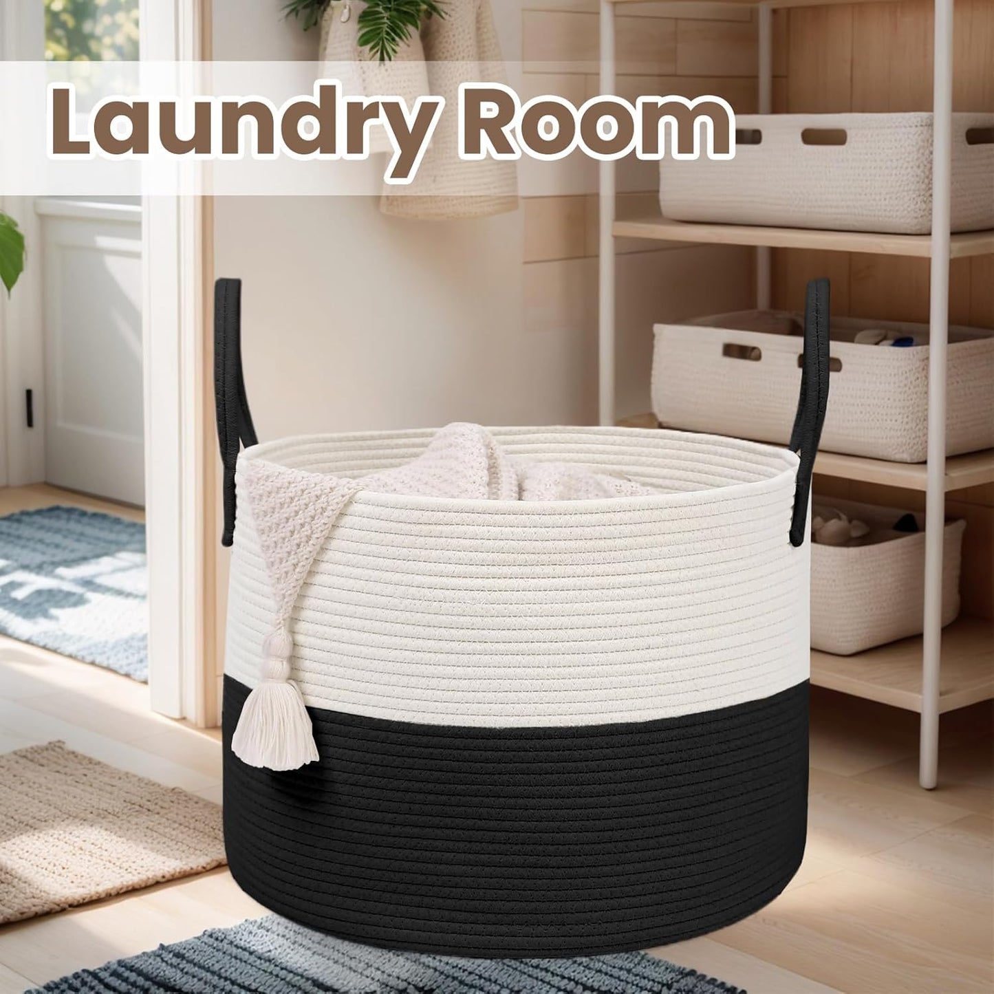 Woven Blanket Basket,65L Large Rope Storage Bin with Handles, Organizer for Blankets Toys Book and Clothes, Laundry Basket for Living Room Bedroom Nursery,White&Black