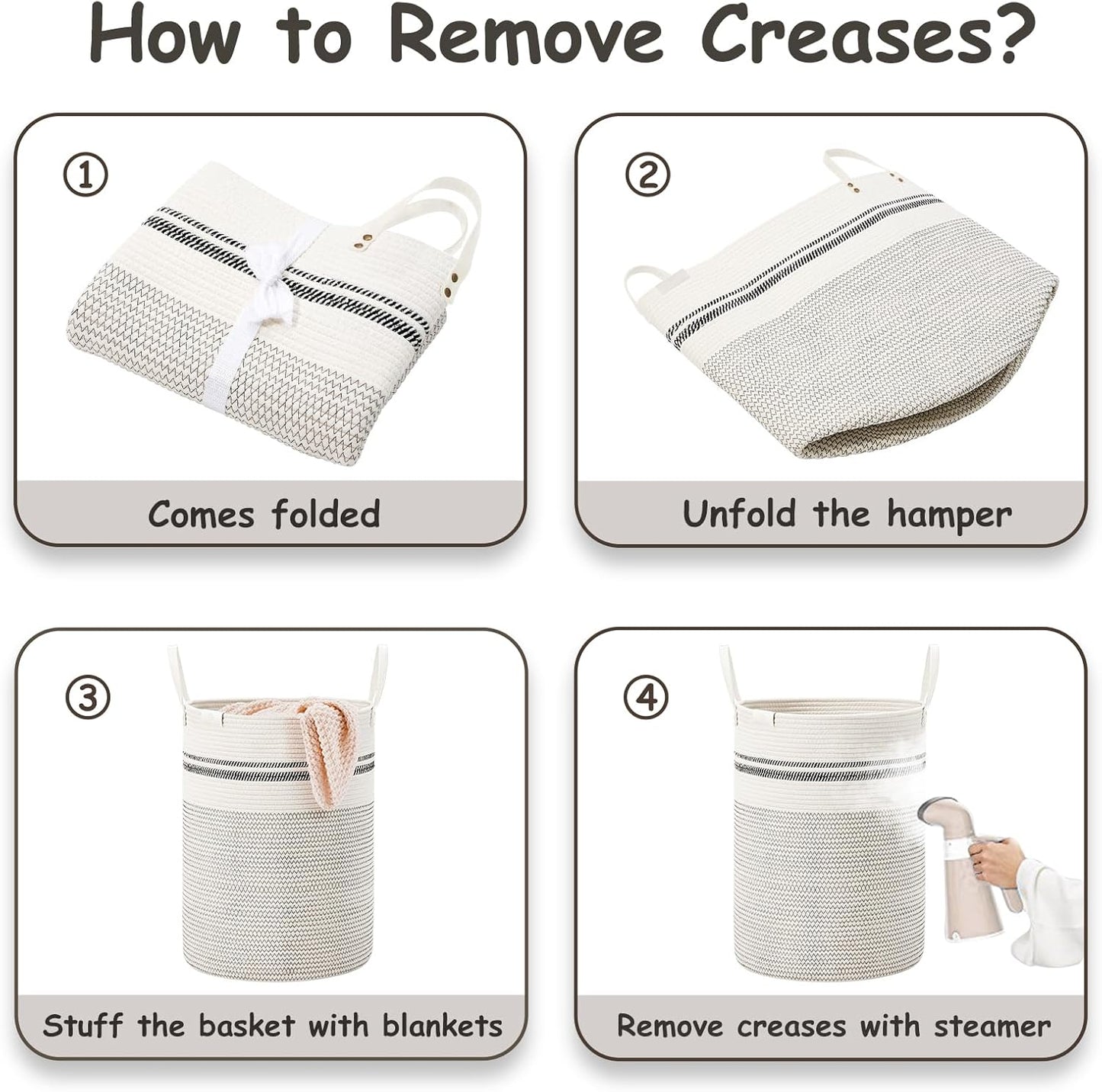 VIPOSCO Tall Laundry Basket, Large Dirty Clothes Hamper with Leather Handle, Woven Rope Storage Basket for Blanket, Toy In Living Room, Bathroom, Bedroom - 72L Stripe White