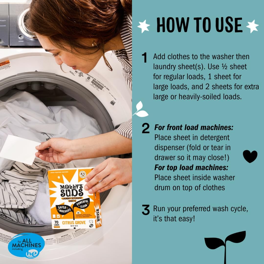 Molly’s Suds Laundry Detergent Sheets | Gentle on Sensitive Skin, Powerful Bio-Based Enzymes, Stain-Fighting | Liquidless & Plastic-Free Packaging | 70 Loads (Unscented)