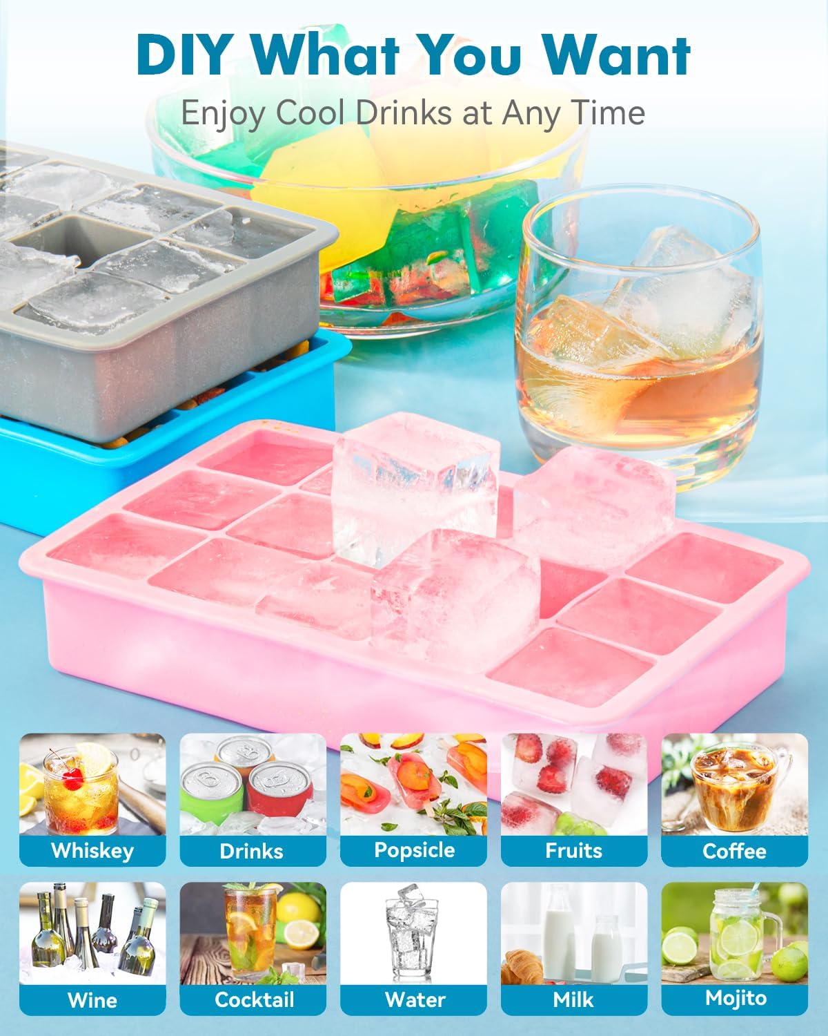 Silicone Ice Cube Trays for Freezer 2 Pack- Easy Release Square Ice Cubes Mold- Best Rubber Ice Cube Tray Shapes for Whiskey Cocktail Coffee- Mini Fridge Silicone Old Fashioned Ice Cube Tray