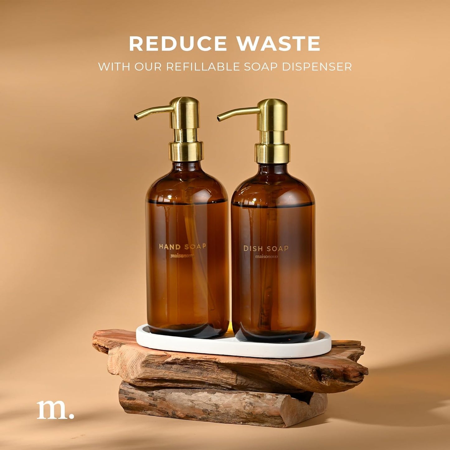 MaisoNovo Soap Dispenser 3-Piece Set | 16.9oz Amber Bottles with Gold Stainless Steel Pumps