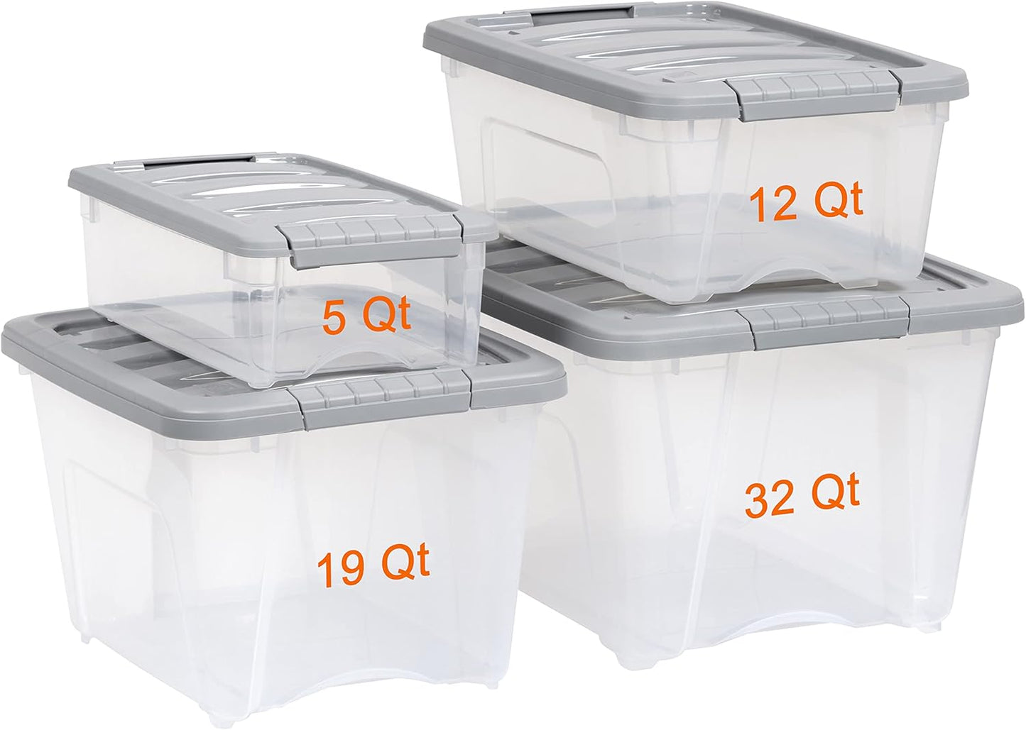 Amazon Basics Plastic Storage Containers with Secure Latching Lids, Stackable Organization Bins, Clear/Grey, 12 Quart, Set of 6