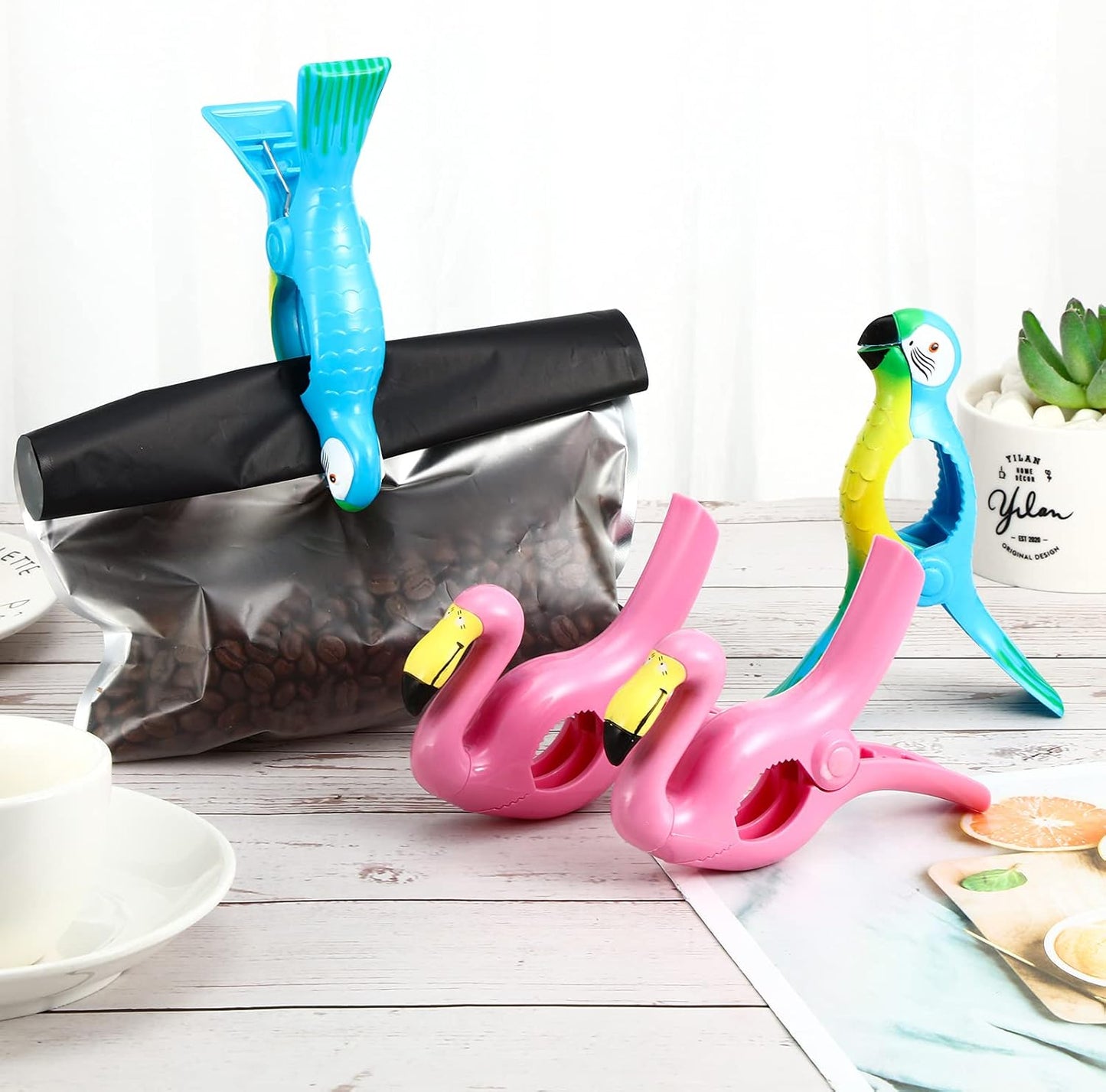 4 Pieces Beach Towel Clip Jumbo Size Chair Clips Towel Holder Clothes Pegs Christmas Stocking Clamp for Cruise Patio Pool Holiday Vacations(Parrot, Flamingo,Blue, Pink)