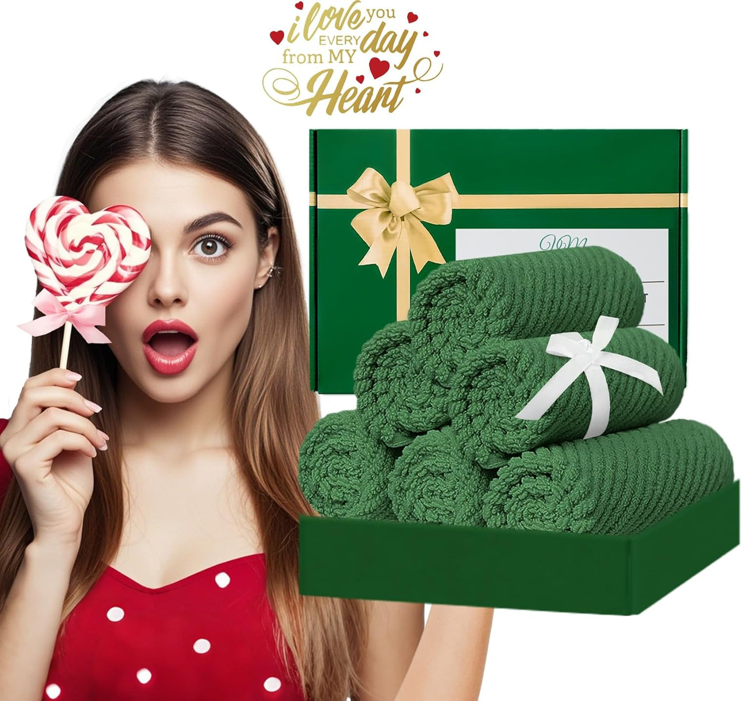 VOOVA & MOVAS Green Washcloths, 6PC Hand Towels 13" x13" - 100% Cotton | Thick | Quick Dry | Lightweight, Wash Cloths for Your Face, Bathroom Essentials, Hunter Green