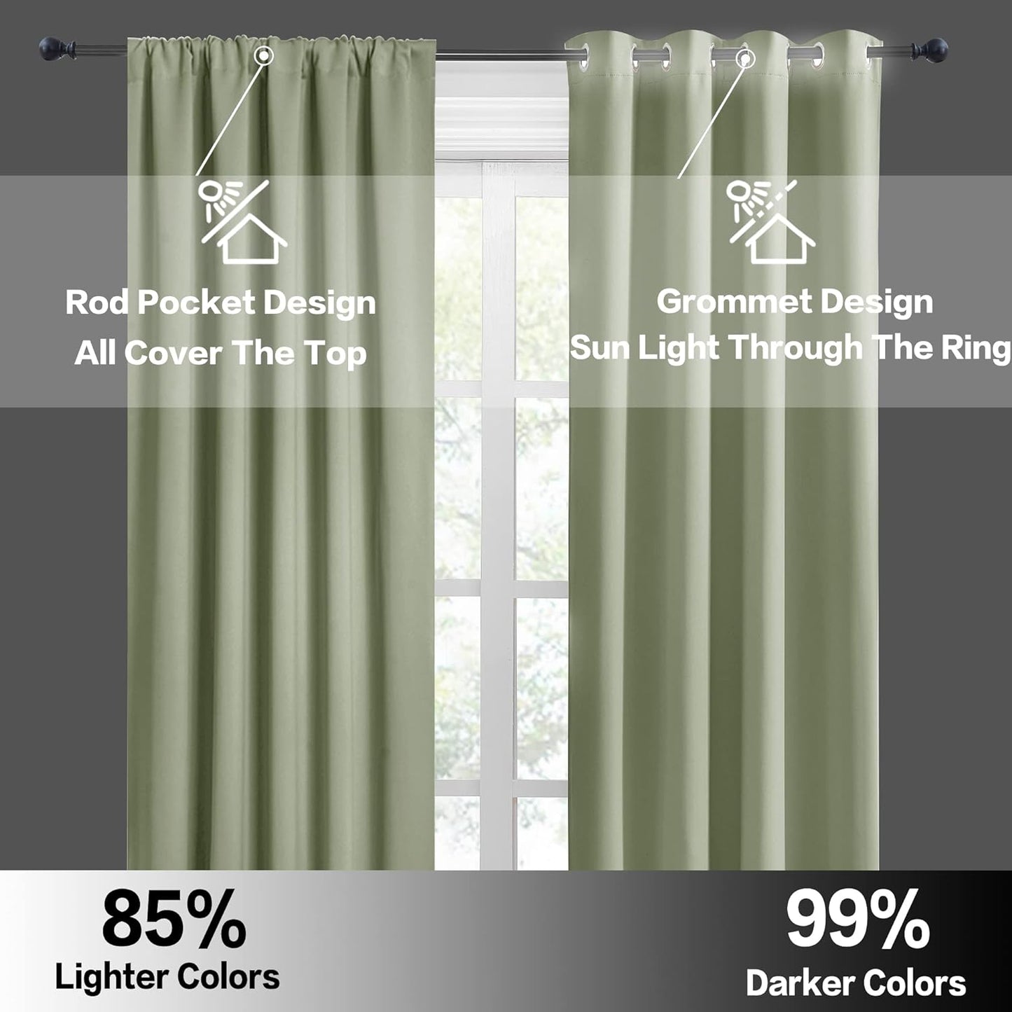 RYB HOME Sage Green 72 inch Curtains for Living Room, Blackout Window Drapes Light Blocking and Noise Reducing Panels for Boys Bedroom Nursery, W 42 x L 72 inchs, Set of 2, Sage Green