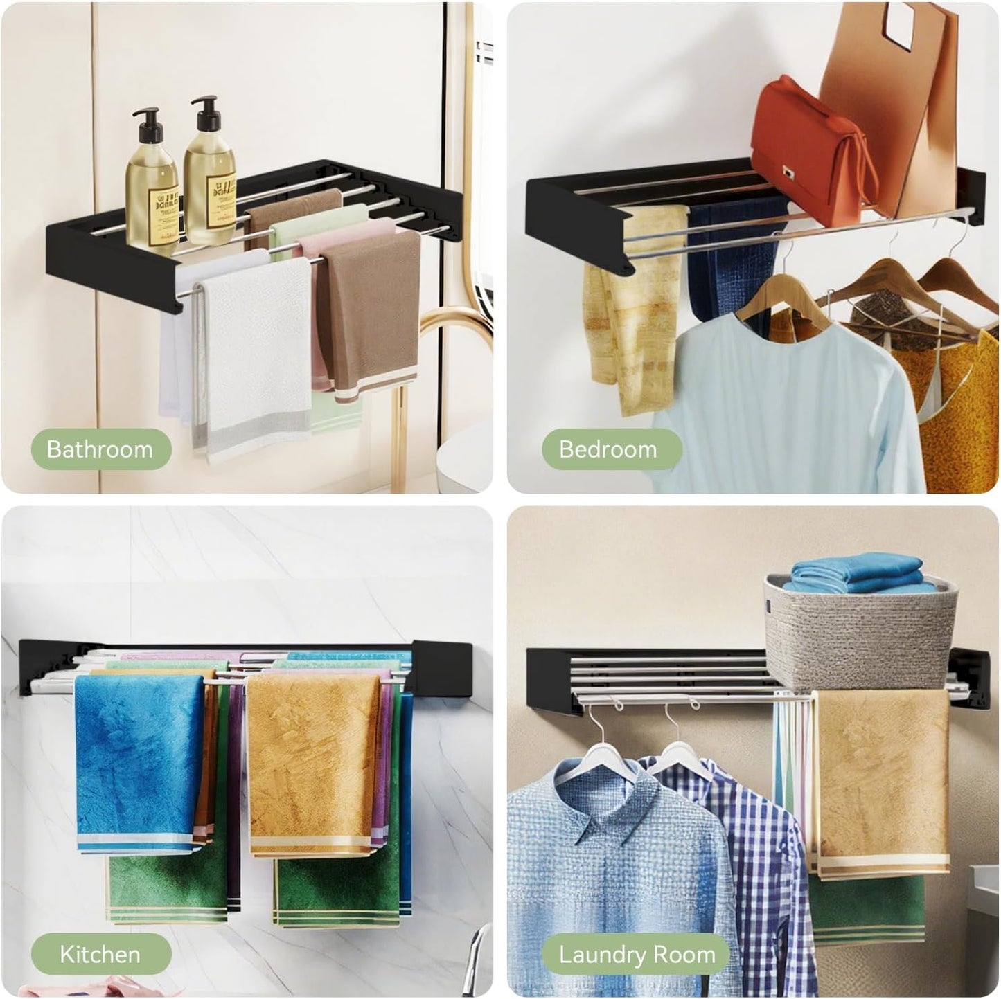 Wall Mounted Clothes Drying Rack, 5 Aluminum Rods, Collapsible, White, 32 inches (Black, 32'')