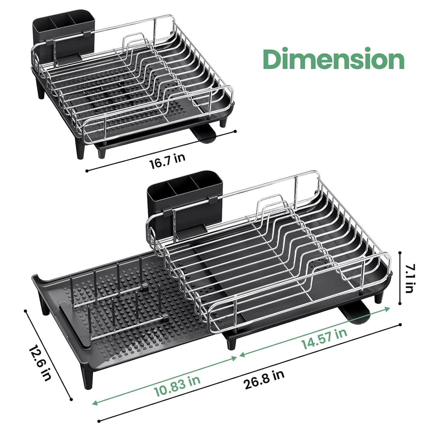 Expandable Dish Drying Rack, Foldable Dish Rack for Kitchen Counter, Stainless Steel Collapsible Dish Drainer Racks with Cutlery Holder, Black
