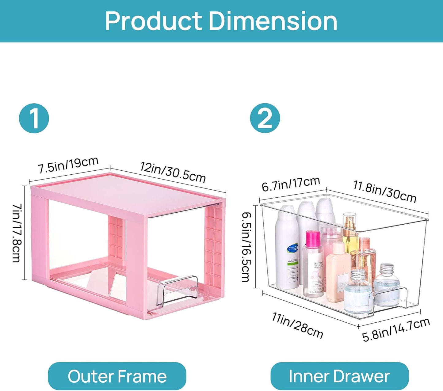 Vtopmart 4 Pack Large Stackable Storage Drawers,Pink,Easily Assemble Acrylic Bathroom Closet Undersink Organizers and Storage,Plastic Bins for Kitchen Cabinets,Pantry,Makeup,Medicine Organization