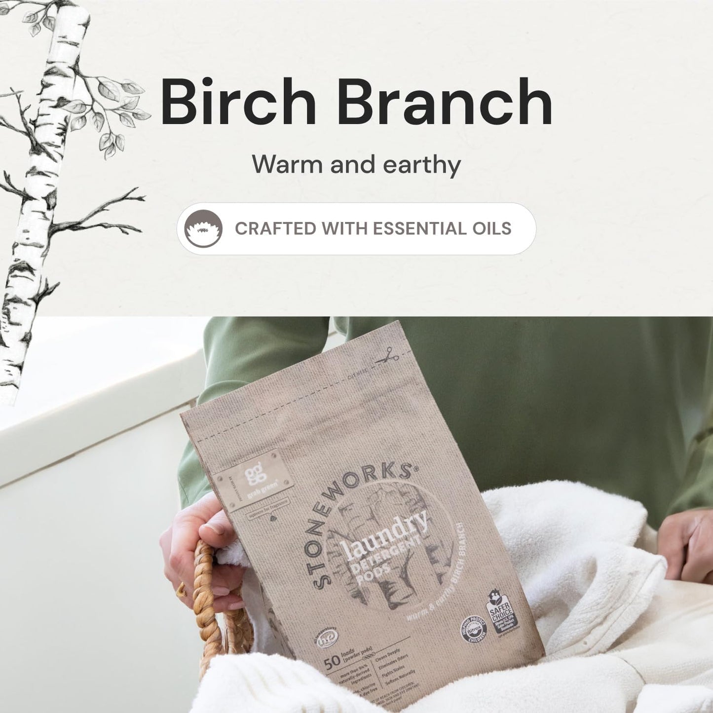 Grab Green Stoneworks Laundry Detergent Pods and Dryer Sheet Bundle, 50 Count Pods and 80 Dryer Sheets, Birch Branch Scent, Plant and Mineral Based Laundry Care Set