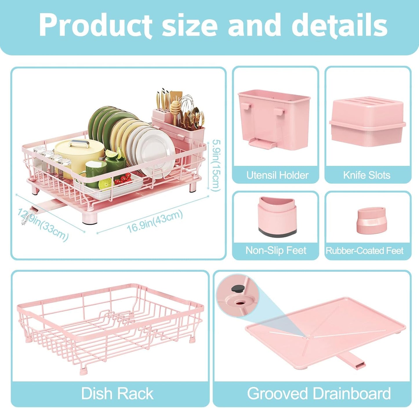 Dish Drying Rack - Space Saving Dish Rack - Dish Racks for Kitchen Counter with Drainboard,Rustproof Dish Drainer with Removable Utensil Holder,Pink