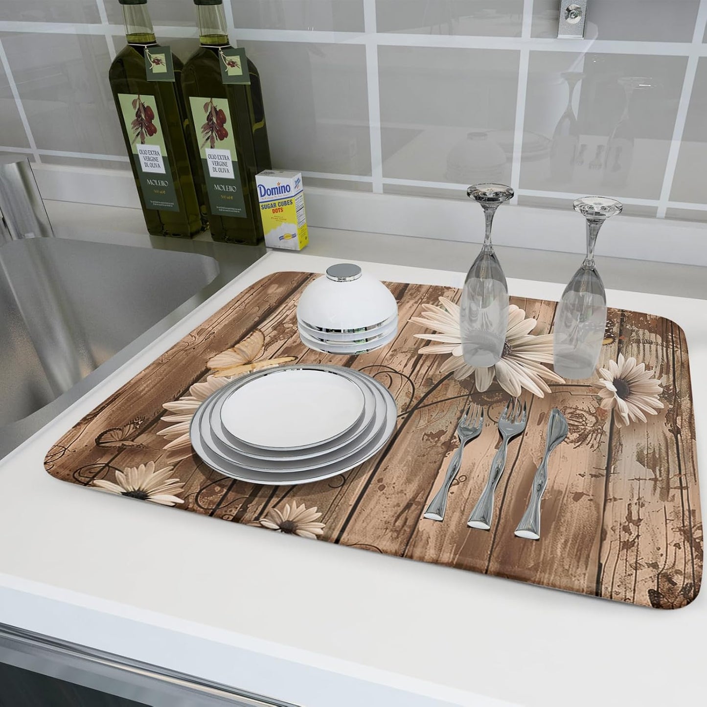 Summer Daisy Flowers Dish Drying Mat for Kitchen Counter 18x24 Inch Rustic Daisy Absorbent Dish Drying Mat Wood Microfiber Reversible Drying Pad Dish Drainer Mat for Countertops Tableware Decor