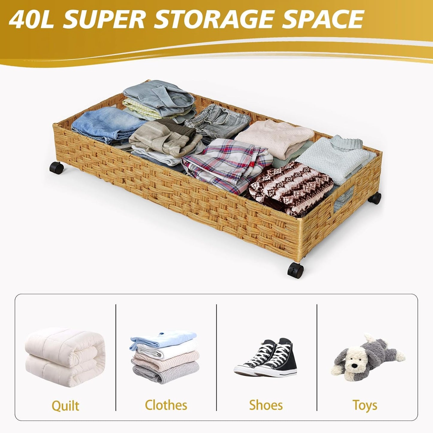 Under Bed Storage Containers with Wheels, 31.5in / 35L Handmade Rattan Underbed Organizer Drawer, Tool-free Assembly Rolling Under Bed Storage Bins for Shoes Clothes Toy Book