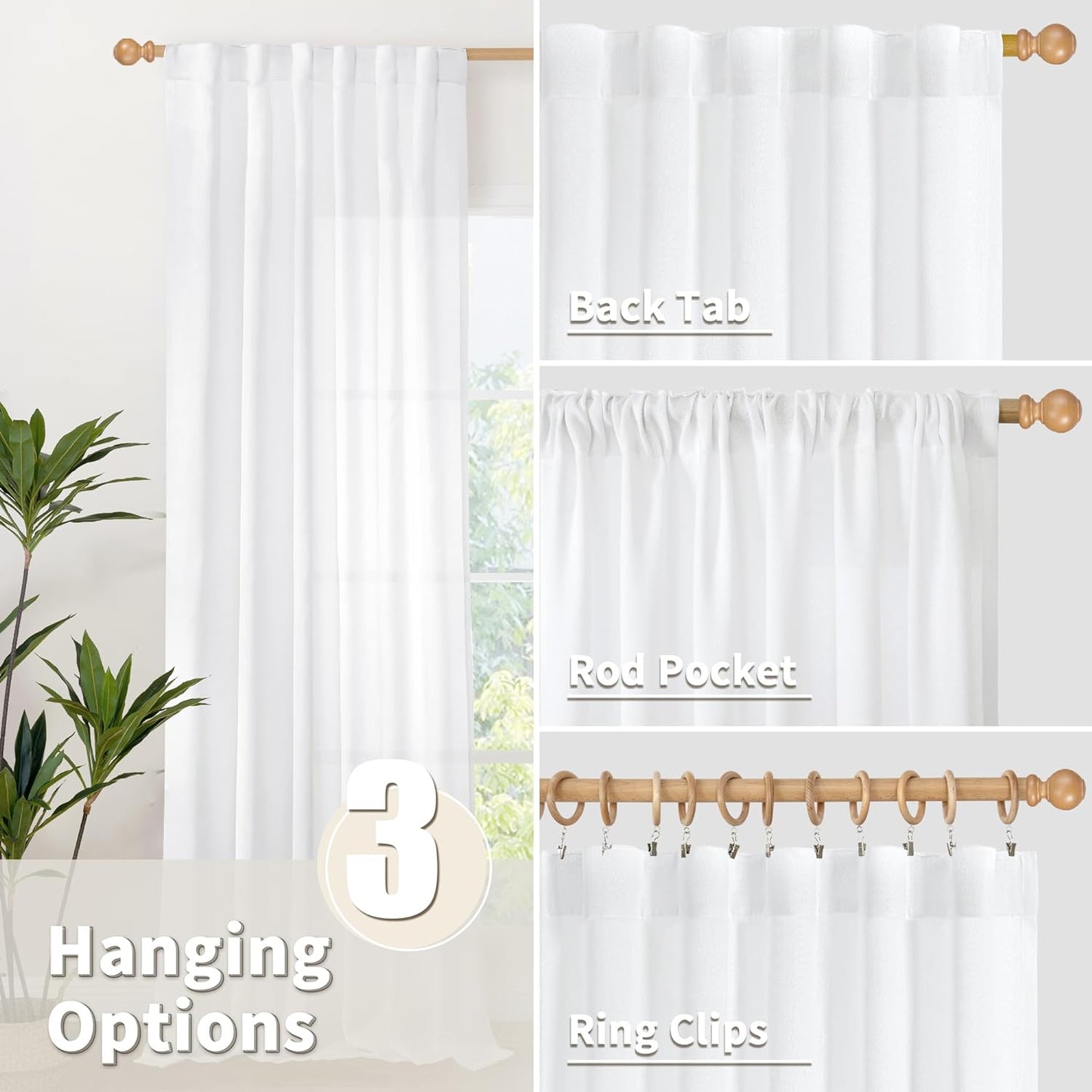 YoungsTex White Linen Curtains 80 Inch Length for Living Room, Light Filtering Semi Sheer Window Drapes Rod Pocket Back Tab Curtain for Bedroom Office Rustic Privacy, 2 Panels, 52 X 80 Inch