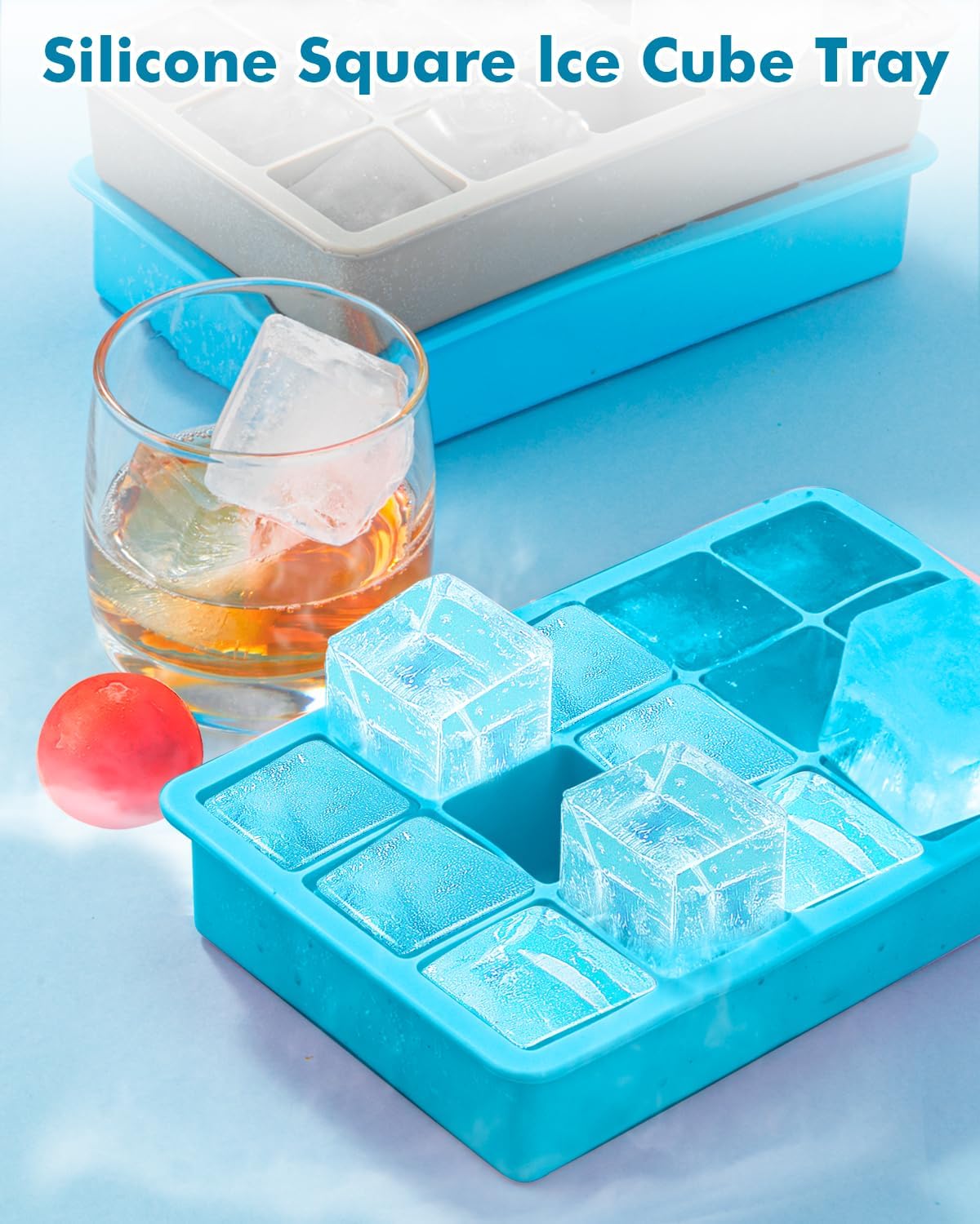 Silicone Ice Cube Trays for Freezer Set of 2- Square Ice Cubes Mold-Easy Release Silicone Old Fashioned Ice Cube Tray-Mini Fridge Rubber Ice Cube Tray for Whiskey Cocktail Coffee Soup