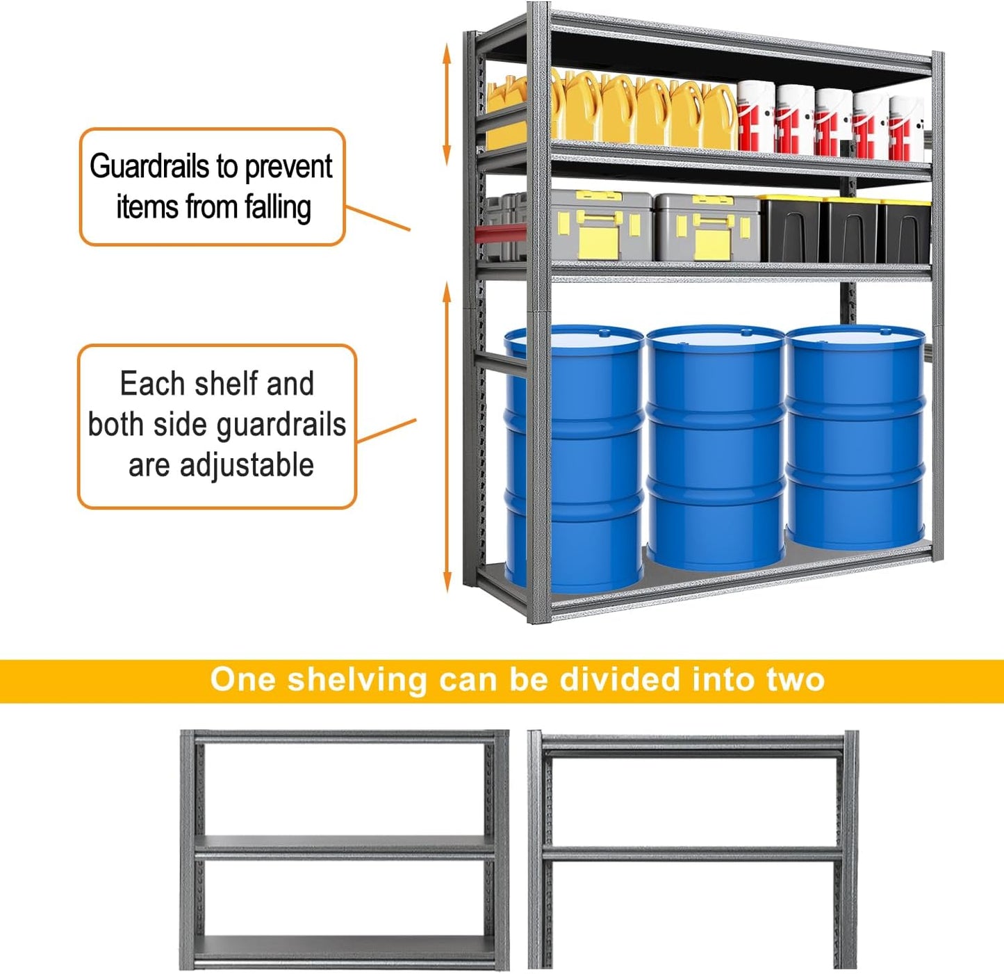 Storage Shelf 5-Tier Garage Shelving, Industrial Shelving with Guardrails, 2500LB Boltless Metal Shelves Heavy Duty for Storage Room, 18" D x 47.2" W x 72" H, Iron Black 3 Pack