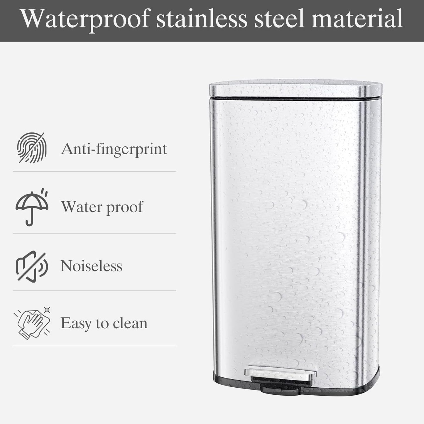 AthLike Trash Can, Stainless Steel Kitchen Garbage Can, Step Waste Bin with Hinged Lid and Removable Inner Bucket, Soft-Close, Dustbin for Bathroom Bedroom Living Room Home (Silver, 13.2 Gal)