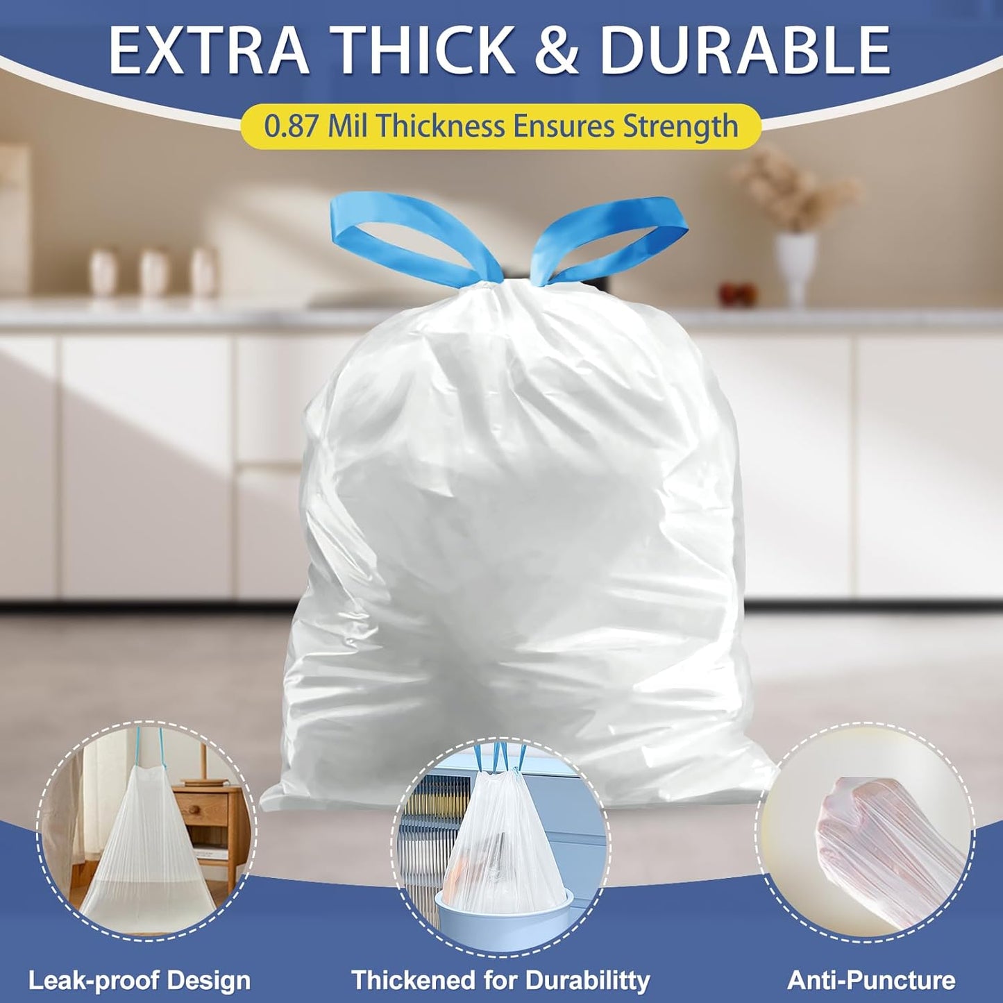 150 Count 4 Gallon Trash Bags Drawstring - 1.1 Mil Heavy Duty Small Garbage Bags Unscented for Bathroom, 15 Liter Thick Plastic Wastebasket Liners for Toilet Office and Bedroom