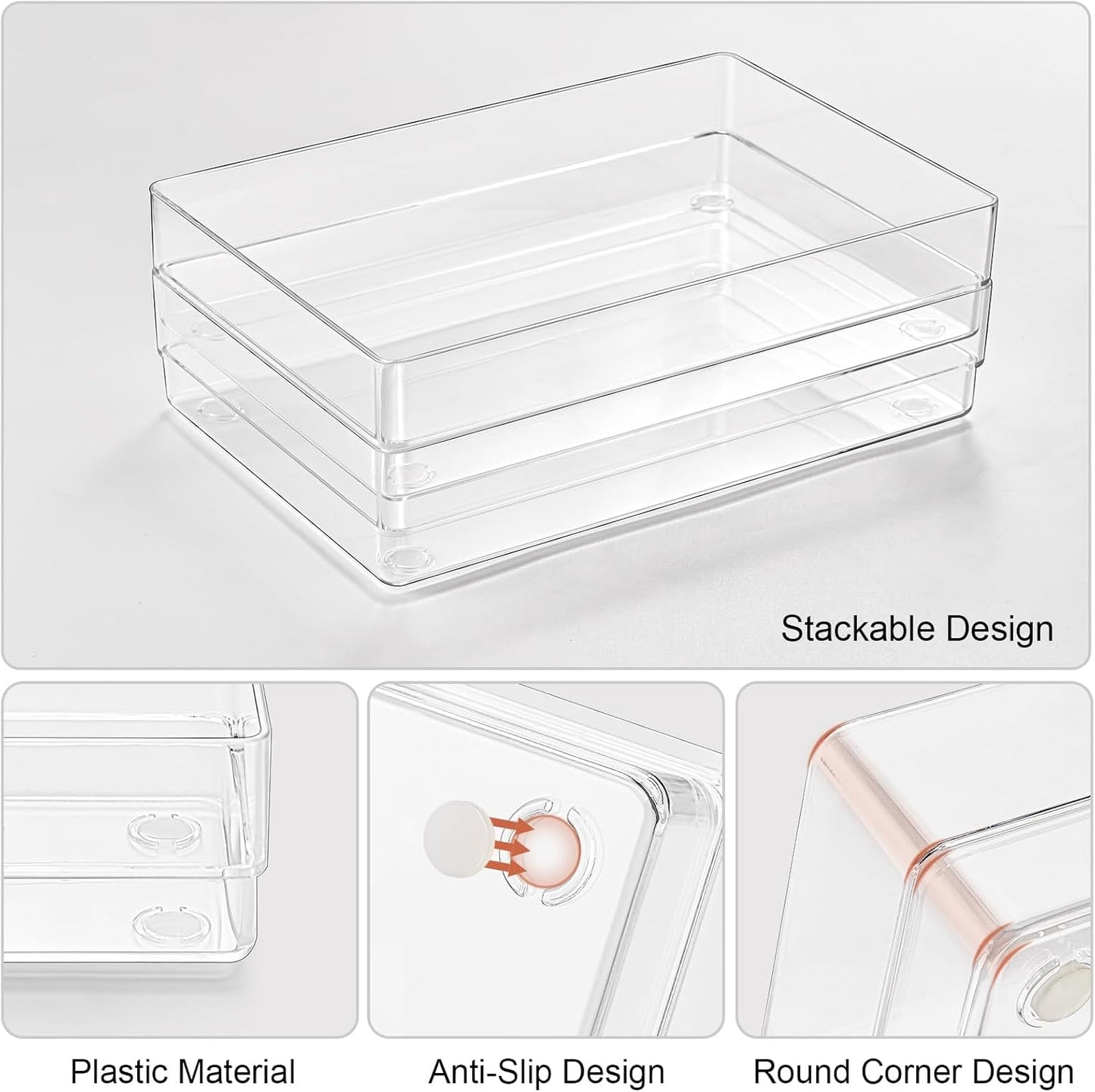 SMARTAKE 6 PCS Clear Plastic Drawer Organizers Set, Large Size Non-Slip Desk Drawer Organizer, Versatile Bathroom and Vanity Drawer Organizer Trays for Makeup, Bedroom, Office, Kitchen Utensils