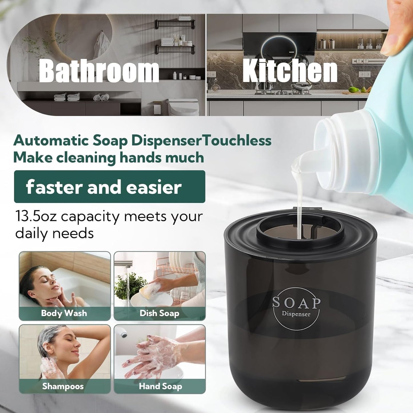 2 Pack Automatic Soap Dispenser, Touchless Automatic Foaming Soap Dispenser, Electric Wall Mounted Dispenser, 13.5oz/400ML USB Rechargeable with 4-Level Adjustment for Bathroom, Kitchen & Office