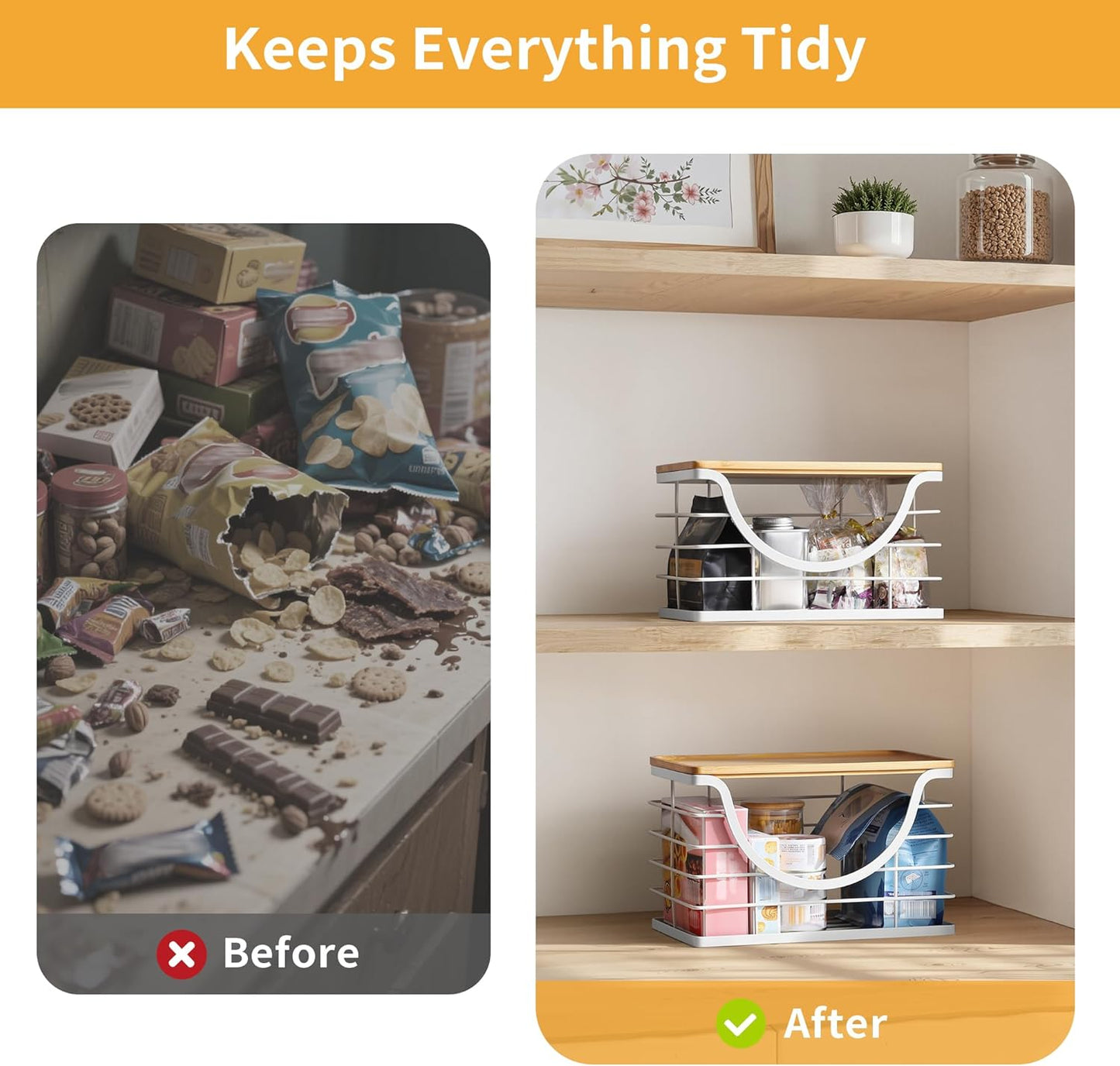 Extra Large Trash Bag Holder Stackable Kitchen Storage White, 2 Pack Wall Mounted Pantry Organizers and Storage with Bamboo Top, Garbage Bag Dispenser Under Sink for Laundry Room and Kitchen