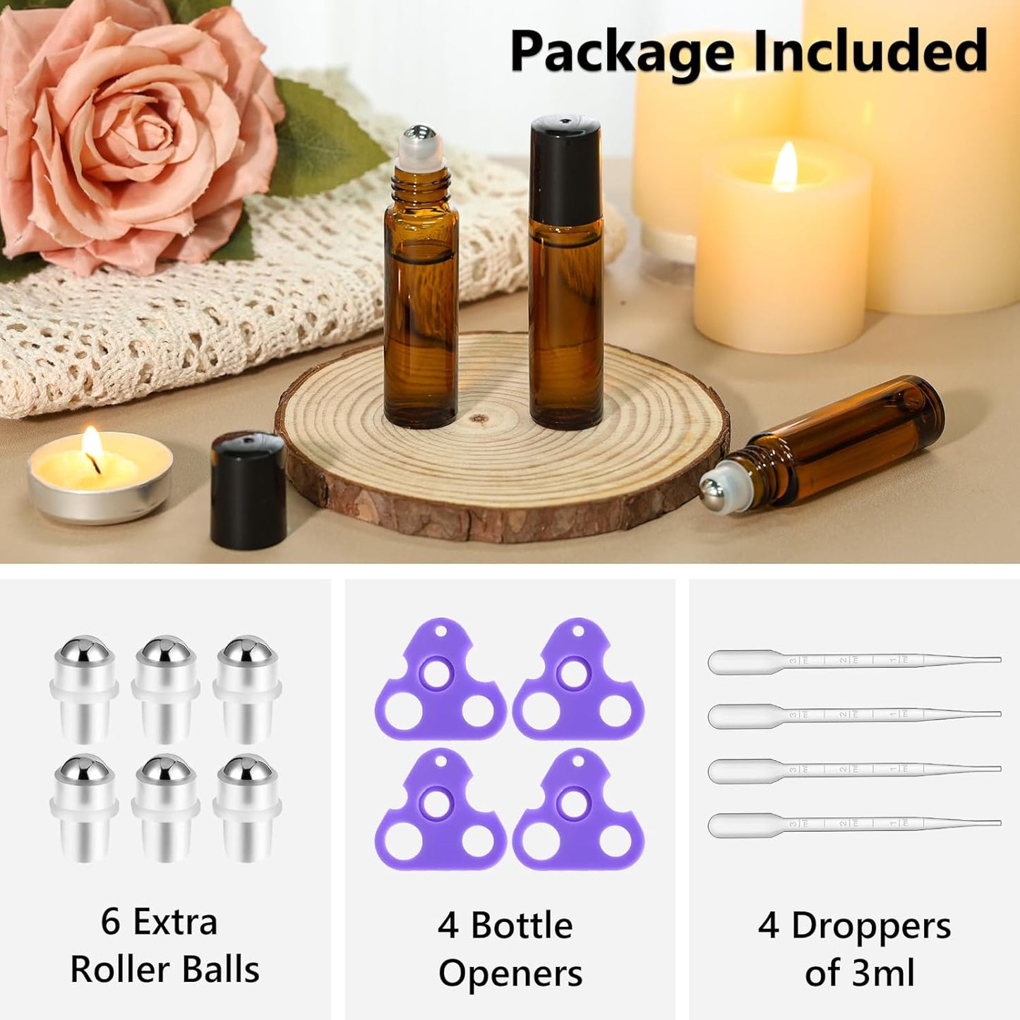 KEYWING 10ml Amber Roller Rottles for Essential Oils - 24PCS Glass Roll on Bottles with Black Caps & Stainless Steel Roller Balls, Empty Perfume Refillable Bottle for Travel