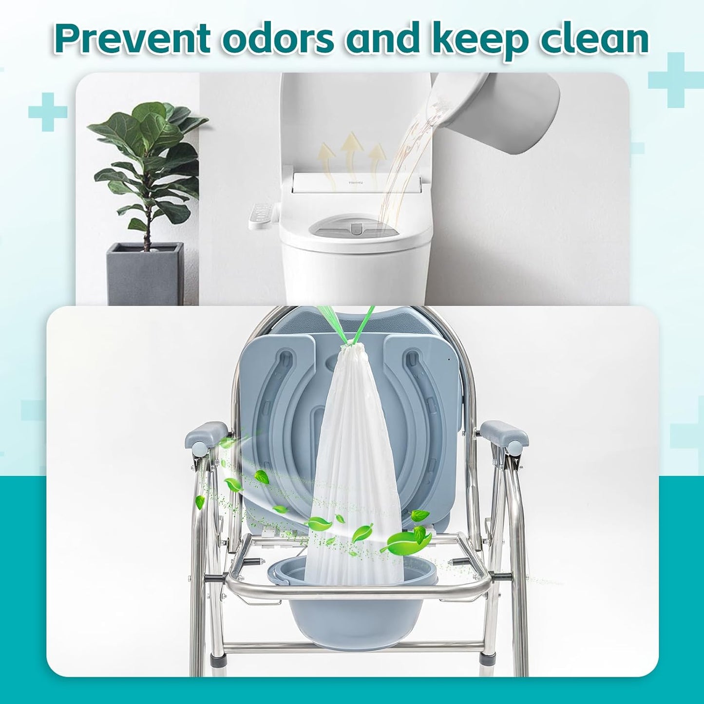 120 Pack Commode Liners with Super Absorbent Pads, Disposable Leakproof Bedside Commode Bags, Universal Fit for Standard Toilet Chair Buckets(120 Bags+120 Pads) (120PACK)