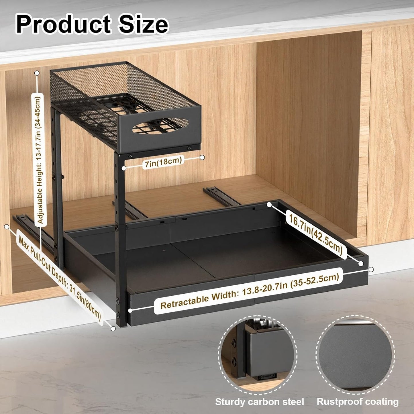 Housolution Under Sink Organizer, 13"-20" Width Expandable, 13"-17" Height Adjustable, 2 Tier Metal Pull Out Under Sink Storage Rack with 3 Sliding Rails for Kitchen Bathroom Cabinet, Single Side