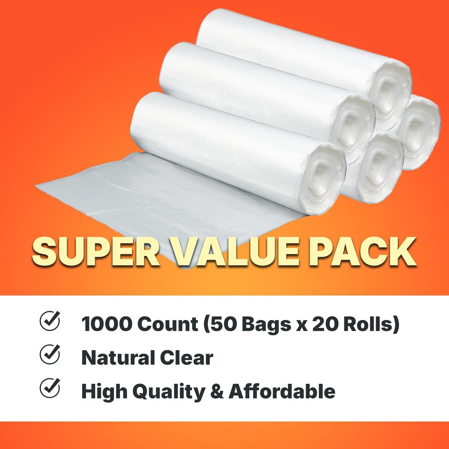 7-10 Gallon Trash Bags, 8 Micron High Density Garbage Can Liners Bulk, 24" x 24", Natural Clear, 1000 Count