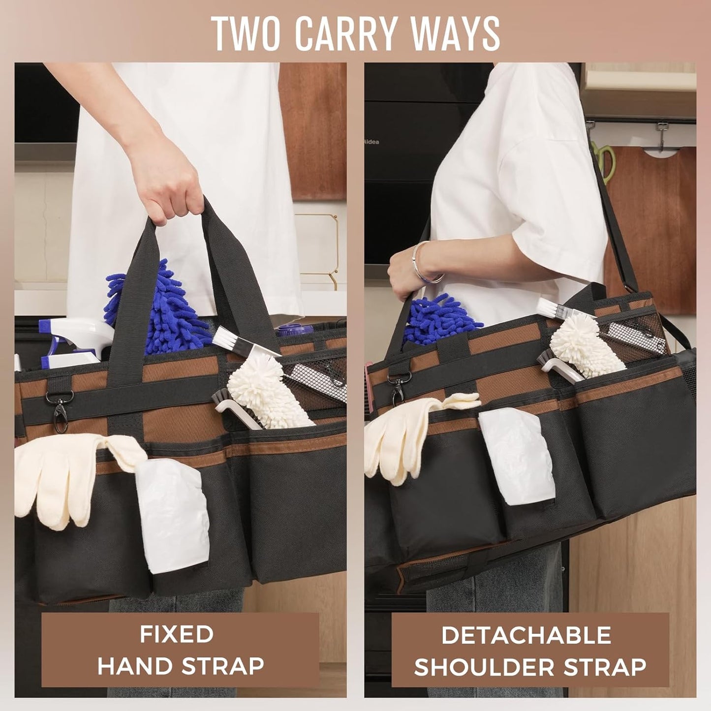 Wearable Cleaning Caddy, Cleaning Caddy Supplies Organizer with Handle & Shoulder Straps for Housekeepers, Under Sink & Car Cleaning Tool Organizers Bag with 4 Foldable Divider (Brown)