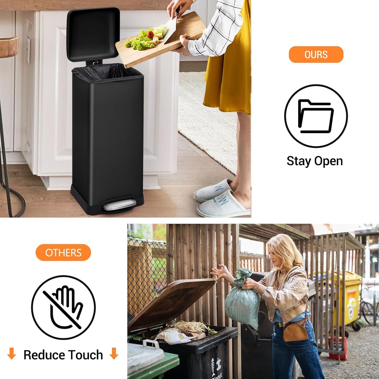 8 Gal/30L Slim Trash Can, Rectangular Step-On Stainless Steel Garbage Can, Soft-Close Lid, Anti-Fingerprint Surface, Recycling Bin with Removable Inner Basket, for Kitchen Dining Room, Black