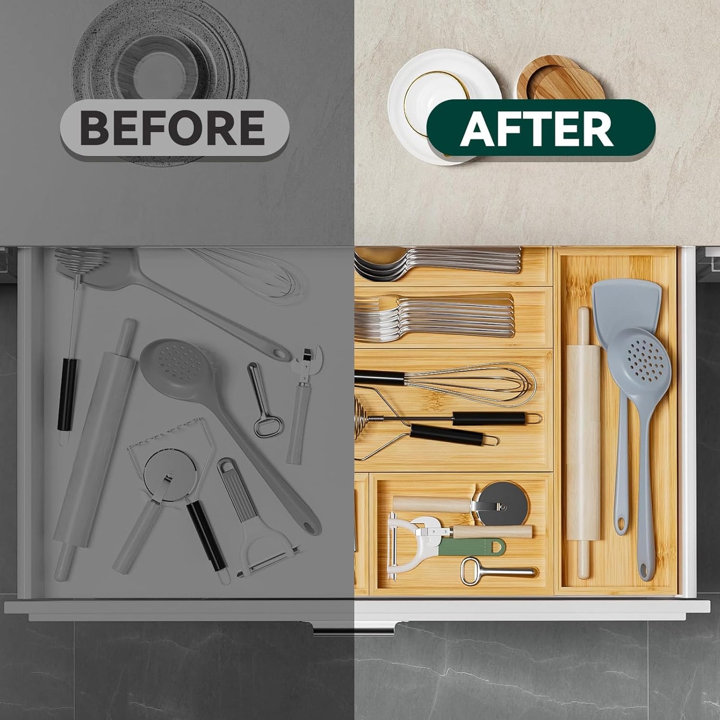 Bamboo Drawer Organizer, Cutlery Silverware Organizer for Kitchen Drawer, Stackable Utensil Organizer, 2 Pcs Flatware Organizer for Drawer, Wooden Storage Box Tray (Bamboo, 9 X 6 X 2 Inch)