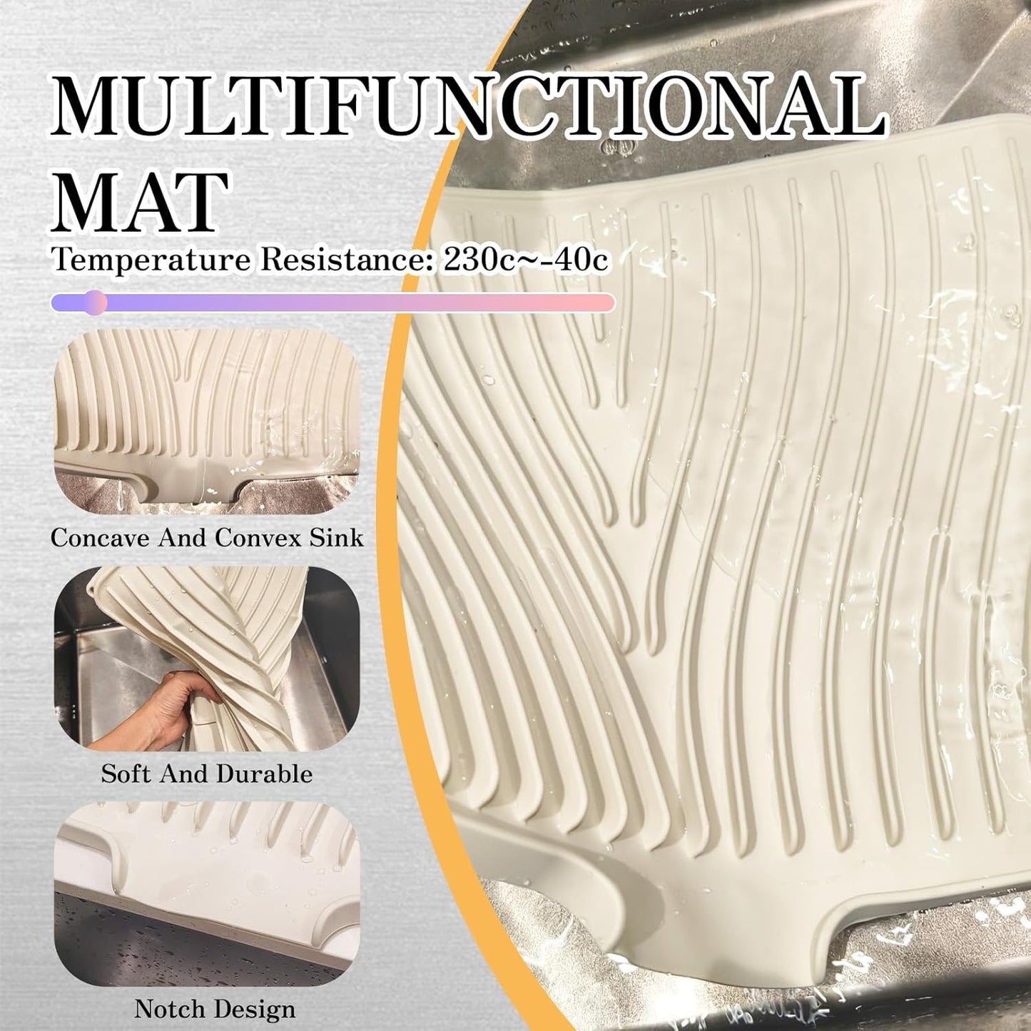 RoseFlower Dish Drying Mat, Large 15.7" x 13" Silicone Dish Mat Drying Kitchen Mat, Faucet Mat for Kitchen Sink, Dish Drying Mats for Kitchen Counter, Refrigerator or Drawer Liner - White