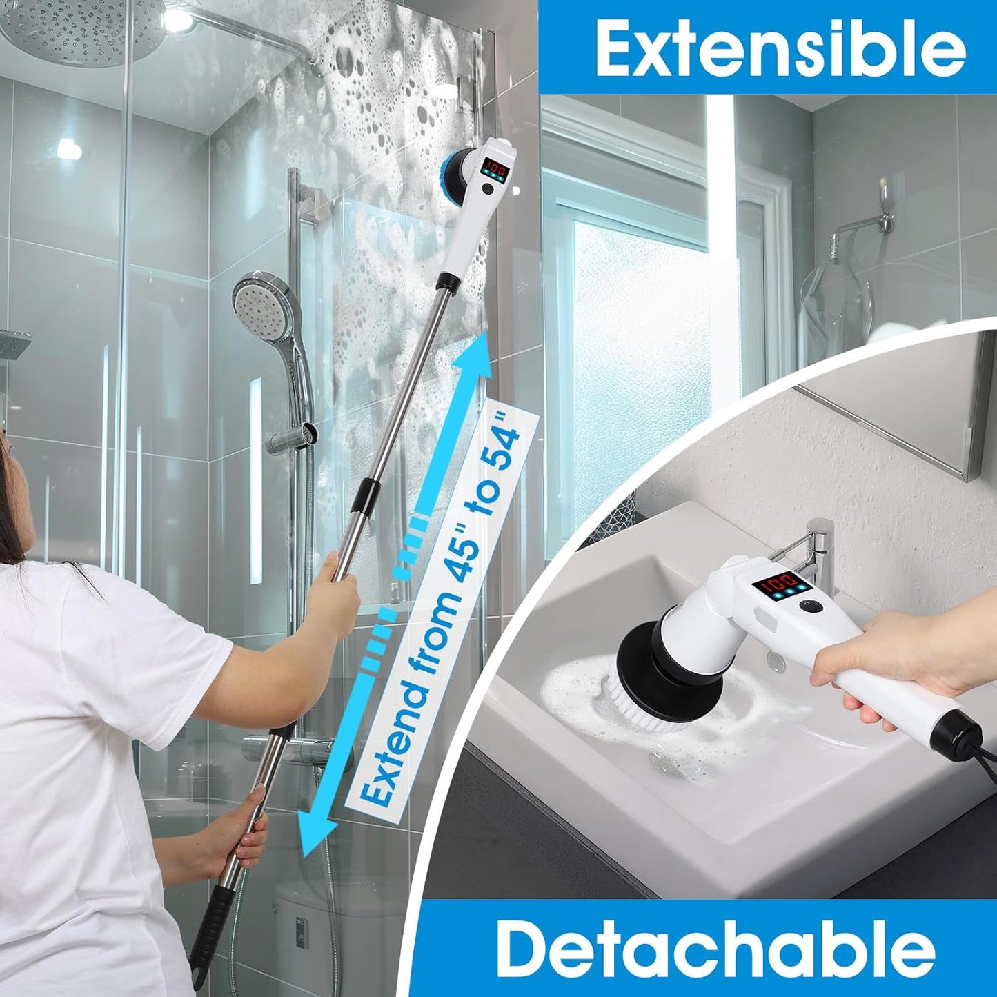 Electric Spin Scrubber, Shower Scrubber with Long Handle & 3 Speeds, 5200mAh Rechargeable Cordless Power Scrubber, Retractable & Adjustable Angle Spin Brush for Cleaning Bathroom/Tub/Floor/Tile