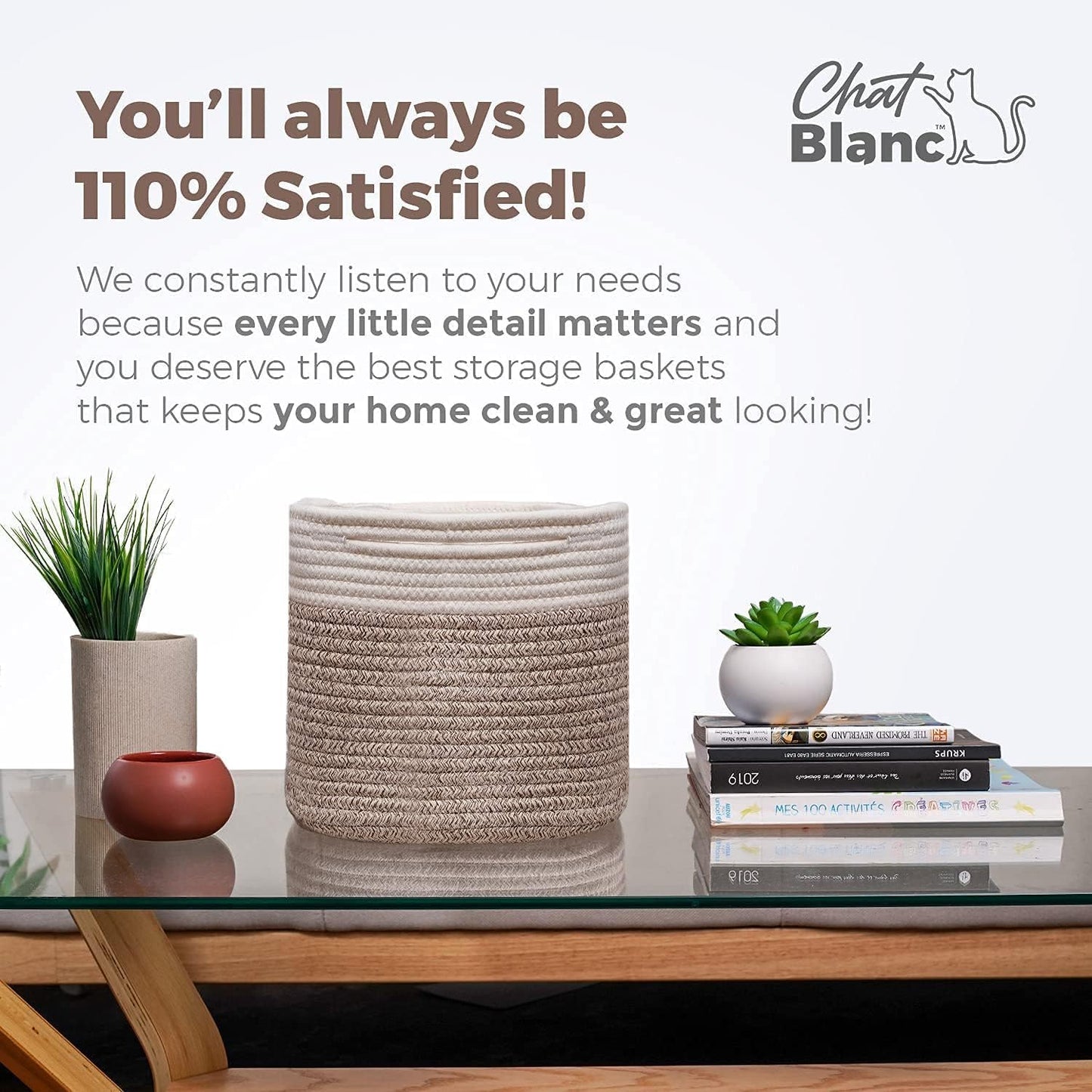 CHAT BLANC Cotton Rope Baskets for Organizing | 15”x10”x9” Storage Baskets for Shelves | Small Laundry Woven Baskets for Storage, Dog Toy Bin, Baby Basket,Off White&Brown 3 Pack