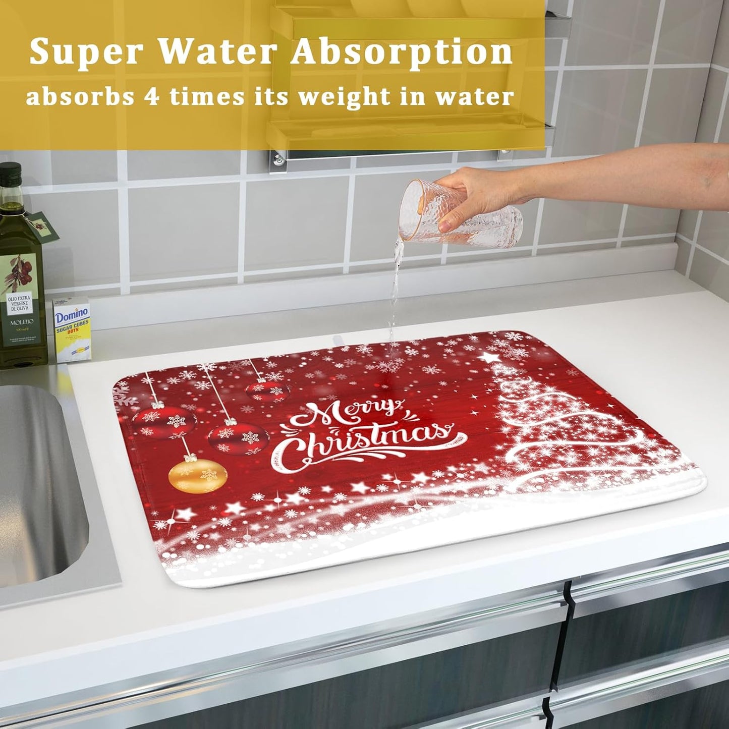 Merry Christmas Dish Drying Mat for Kitchen Counter Winter Snowflake Pine Fast Absorbent Red Drying Mat 16x18 Inch Xmas Jingle Bells Decoration Dishes Pad Dish Drainer Rack Mats Holiday Decor