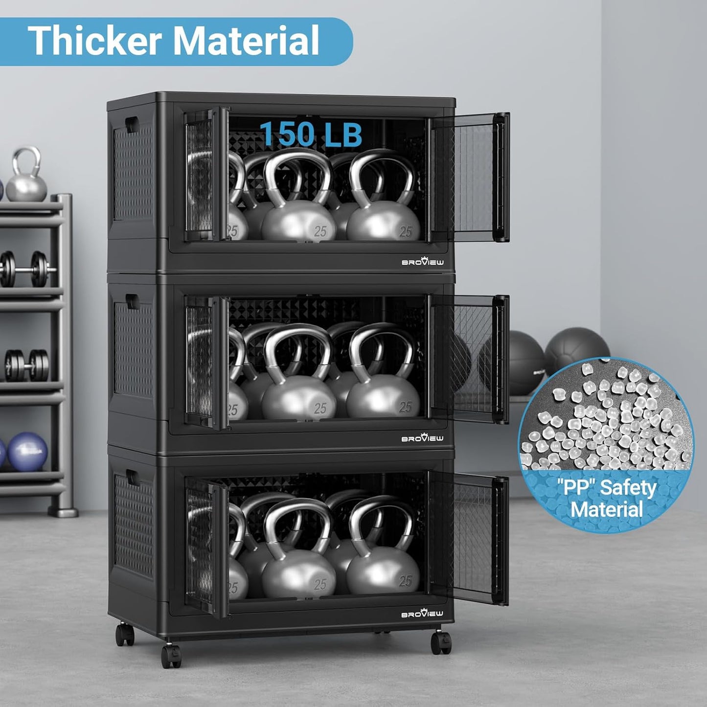 BROVIEW 100 Qt Stackable Storage Bin with Lid & Doors, 1 Pack Plastic Closet Organizer and Storage Drawer with Wheels, Large Collapsible Storage Box, Cabinet for Home, Office, V10, Black