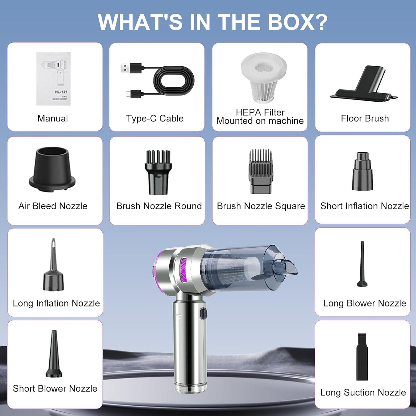 Car Vacuum Portable Cordless, 21000Pa Strong Suction Handheld Vacuum, 100W Auto Vac for Car Detailing, Home, RV Camping Use with 6000mAh Battery, Type-C Fast Charge & Blower Function