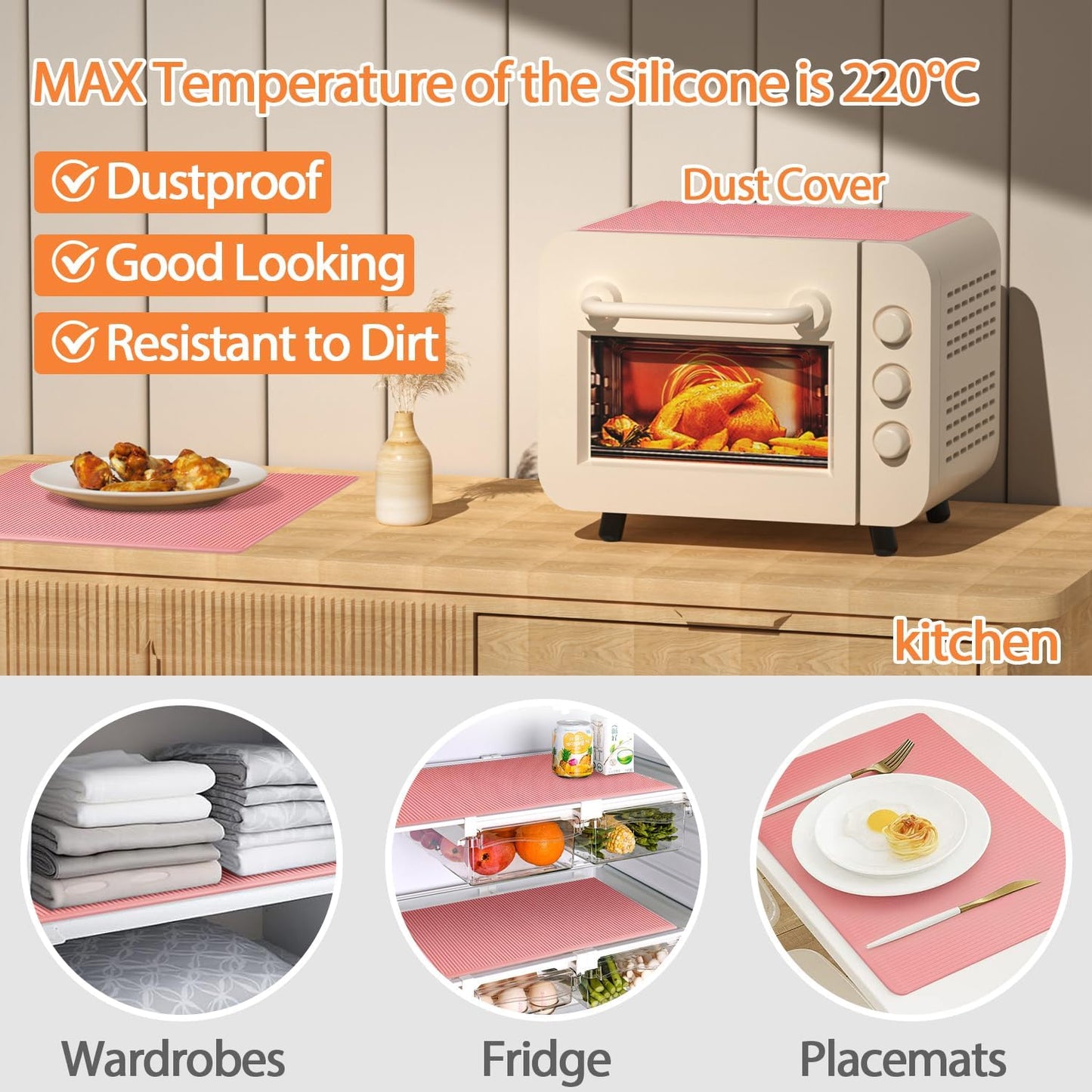 GOYLSER Silicone Refrigerator Liners Fridge Liner and Mat Recyclable, Protect Against Spills Refrigerator Shelf Liners for Glass Shelves, 4Pack Waterproof Drawer Covers Pads, 17.7"x11.8", Pink