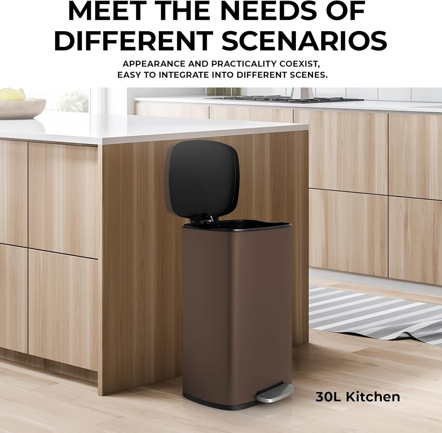 8 Gal Kitchen Trash Can, 30L Recycling or Garbage Bin, Brushed Stainless Steel Waste Basket, Soft&Quiet Close Dustbin, with Step-On Pedal, Removable Inner Bucket, for Home, Office, Living Room