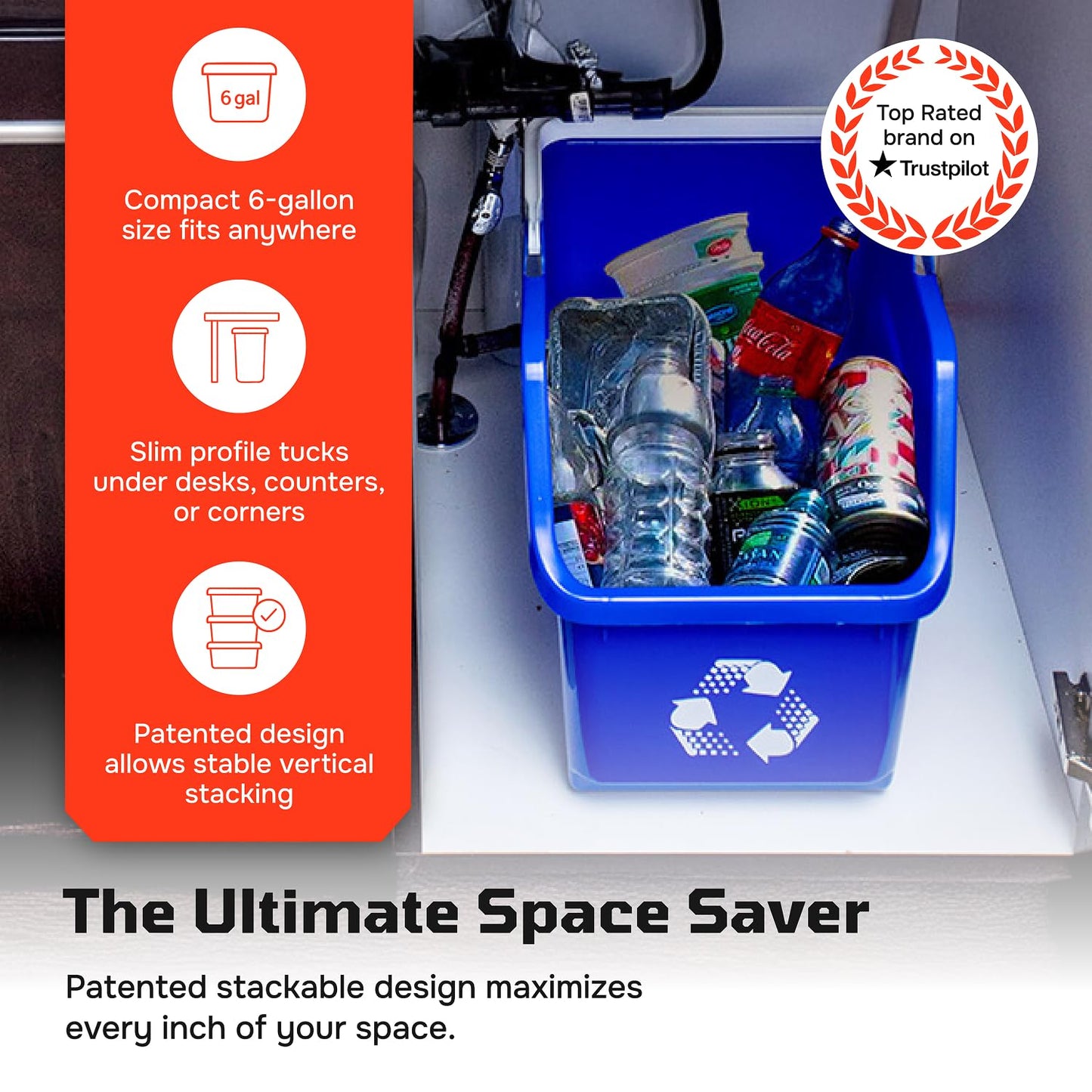 6 Gallon Stackable Recycling Bins for Homes, Garages, Offices Made of 100% Recycled Plastic - (Red, 3 Pack)