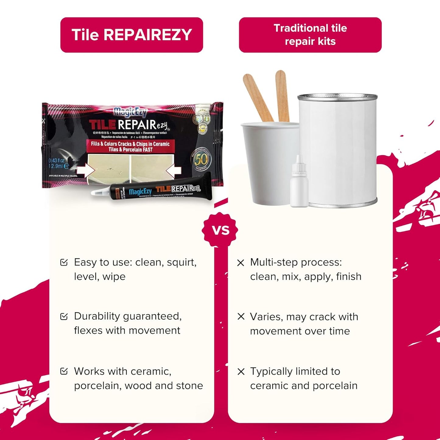 MagicEzy Tile RepairEzy (Light Gray/White Kit) - Porcelain Tile Repair Kit - Fix Cracked or Chipped Ceramic Tiles Fast - Thick Structural Repair Filler, Putty and Adhesive for Tiles
