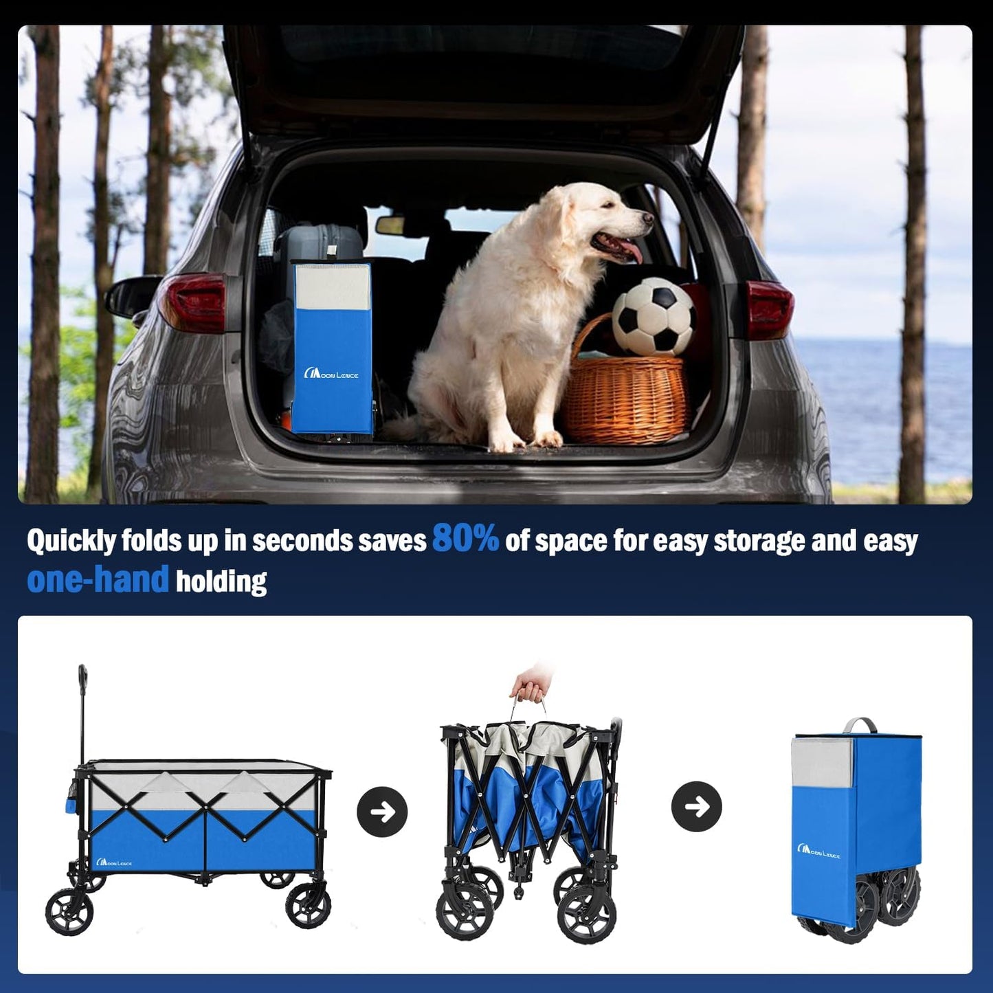 Moon Lence Collapsible Folding Wagon Cart Heavy Duty Folding Garden Portable Hand Cart with All-Terrain Beach Wheels, Adjustable Handle & Drink Holders (Blue & Ivory)