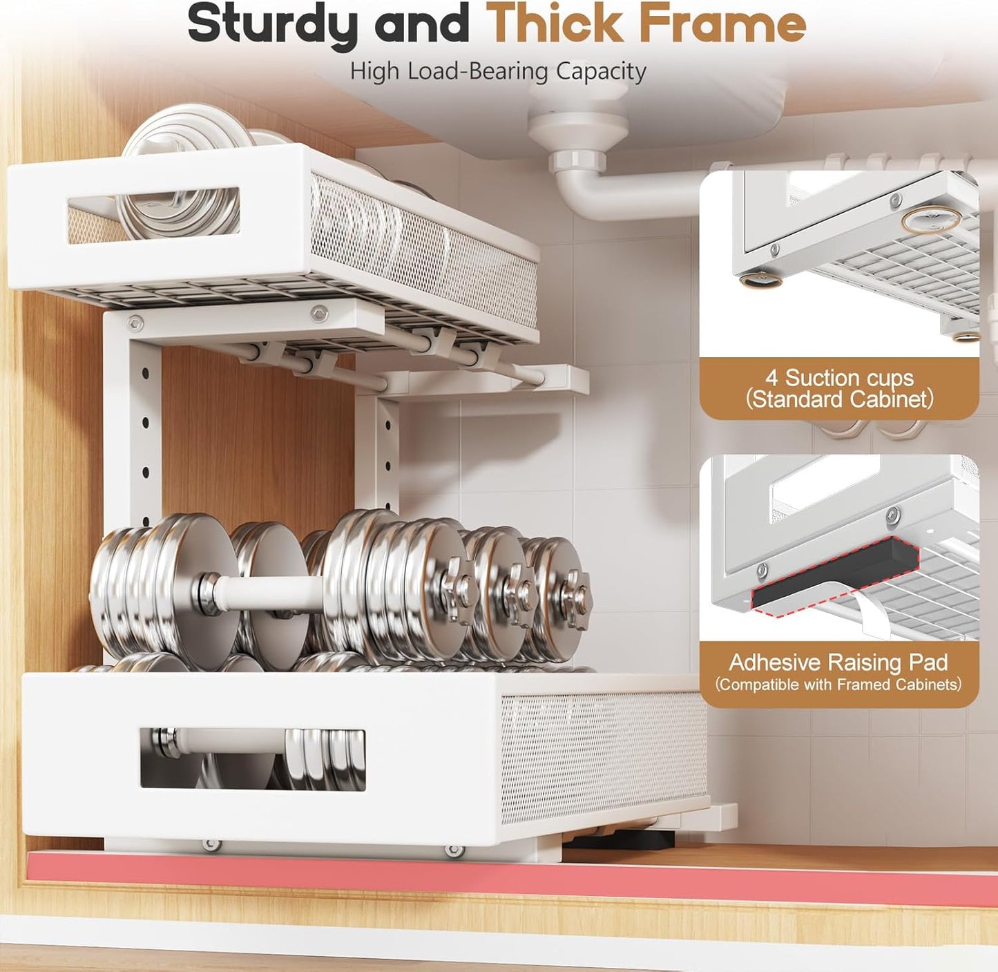2-Pack Under Sink Storage Organizer, Large 2-Tier Elegant Mesh Pull Out Shelf for Kitchen and Bathroom Cabinet Organization, L-Shaped and Adjustable Height Design for Maximum Space Efficiency-White