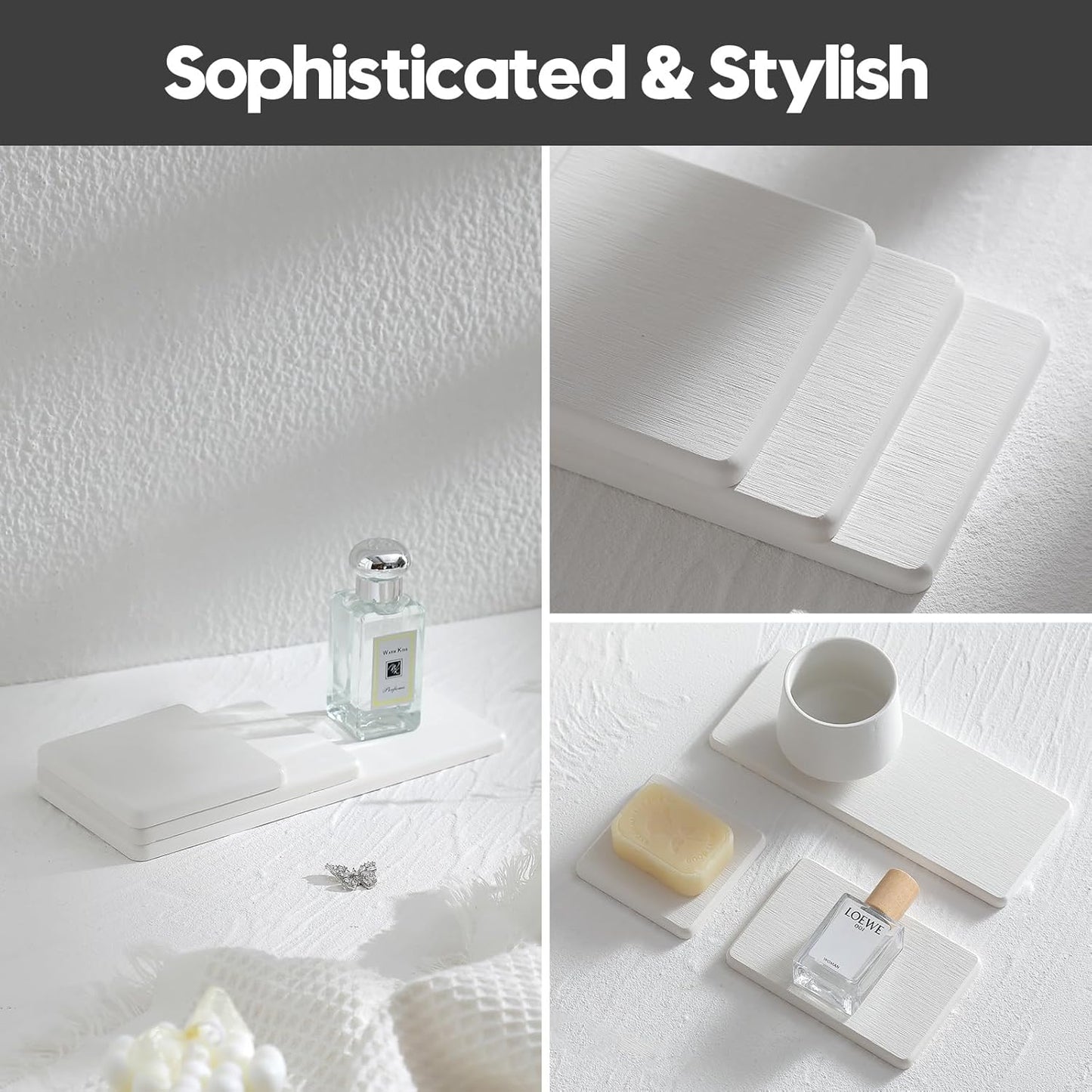 3PCS Bathroom Sink Vanity Trays, Quick Stone Drying Mat Dish Soap Dispenser Sponge Holder for Kitchen Counter, Diatomaceous Earth Water Absorbing Caddy Organizer, White