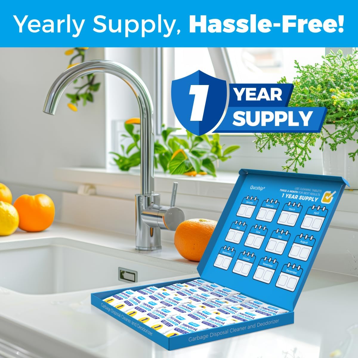 Qucship Powerful XXL Foaming Garbage Disposal Cleaner and Deodorizer Tablets - 24 Pack, Citrus Scent Garbage Disposal Cleaner, Sink Drain Clean for 1 Year Kitchen, House, Home Cleaning Essentials