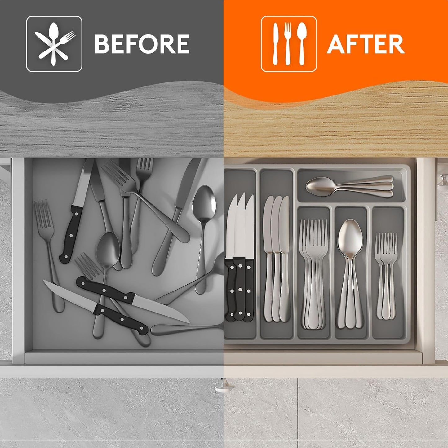 Lifewit Silverware Drawer Organizer Tray, Plastic Cutlery Storage for Kitchen Drawer, Flatware and Utensil Holder Divider for Spoons Forks Knives Tableware, 6 Compartment, Gray