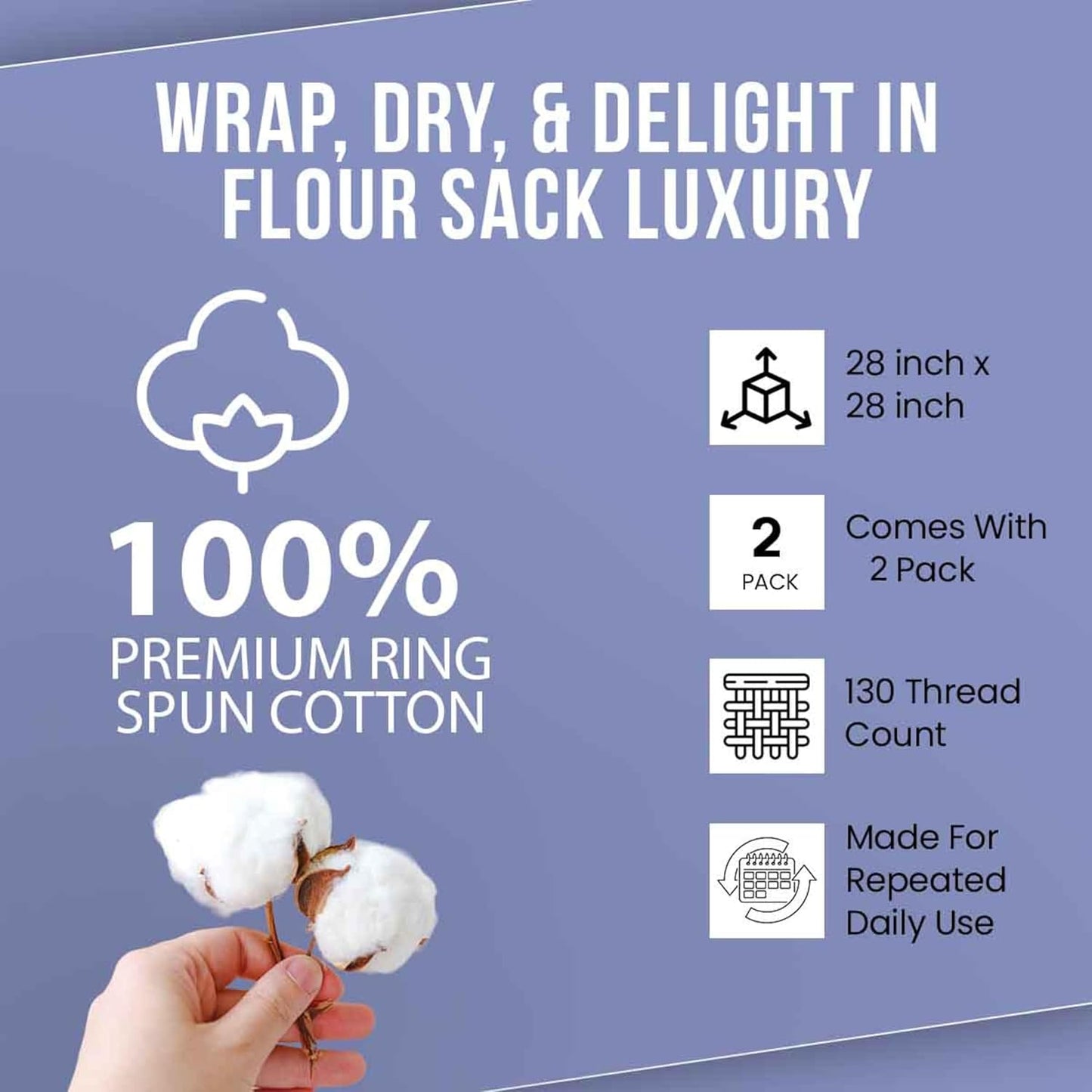 WHITEWRAP Flour Sack Towels| Tea Towel for Crafts| Kitchen Dish Cotton Blank Towel for Embroidery|Baking Bread Proofing Linen Cover| Thick Absorbent Quick Dry| 2 Pack 28"x28" Natural