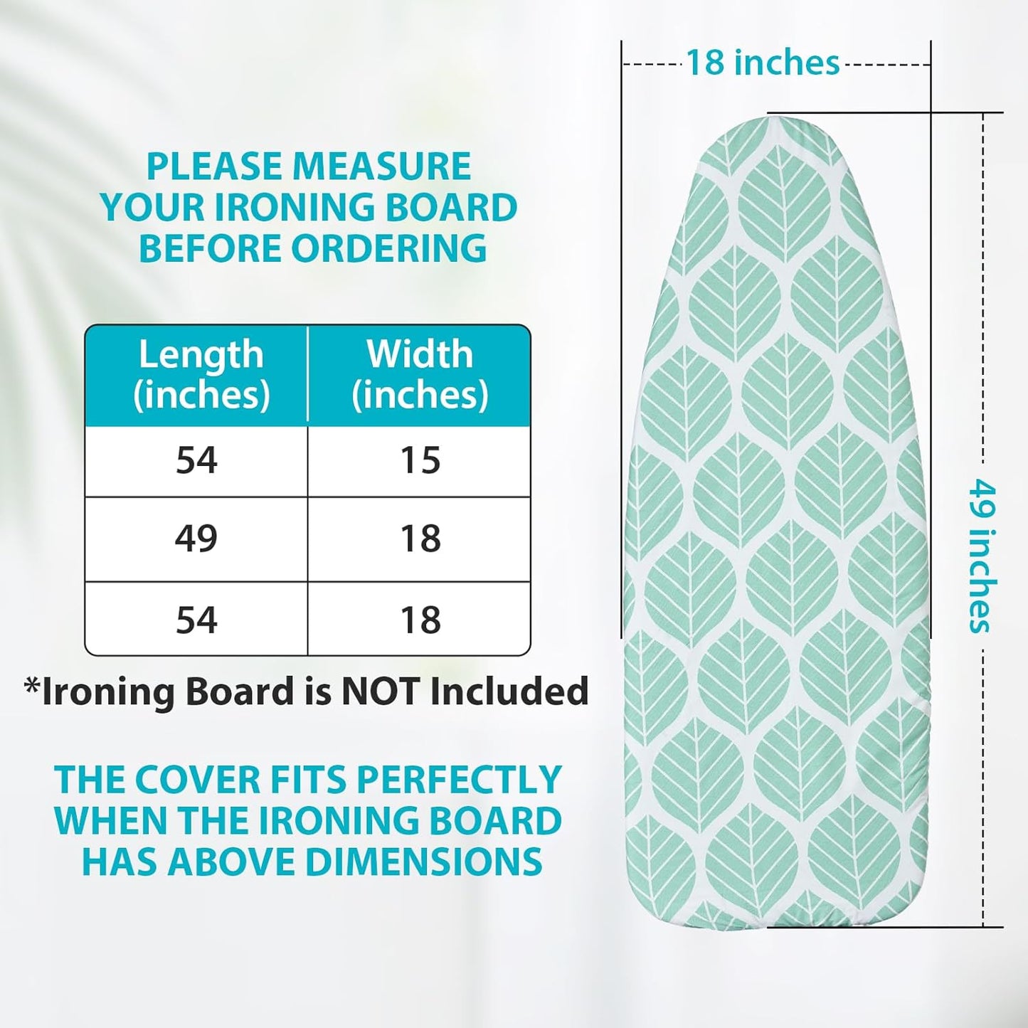Wide Ironing Board Cover and Pad 18 x 49 inch Heat Reflective with Hook and Loop Fasteners, Thick Padding with Elasticized Edges, 3 Layers Iron Board Cover (Green Leaf)