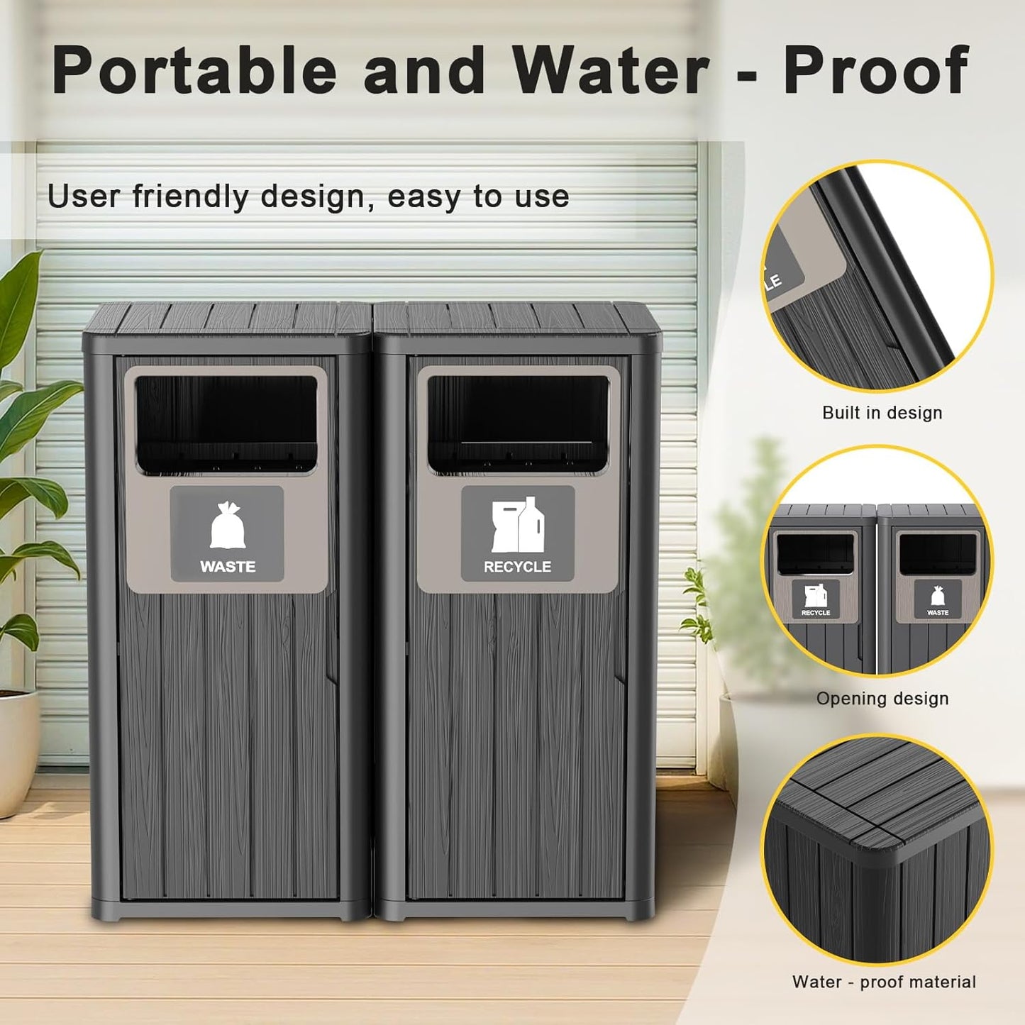 ROJIK 35" Tall Outdoor Trash Can,Weatherproof Resin Garbage Indoor Durable Lightweight,Suitable for Patio Office Kitchen,Easy to Clean,Assemble(Waste&Recycle, Black)